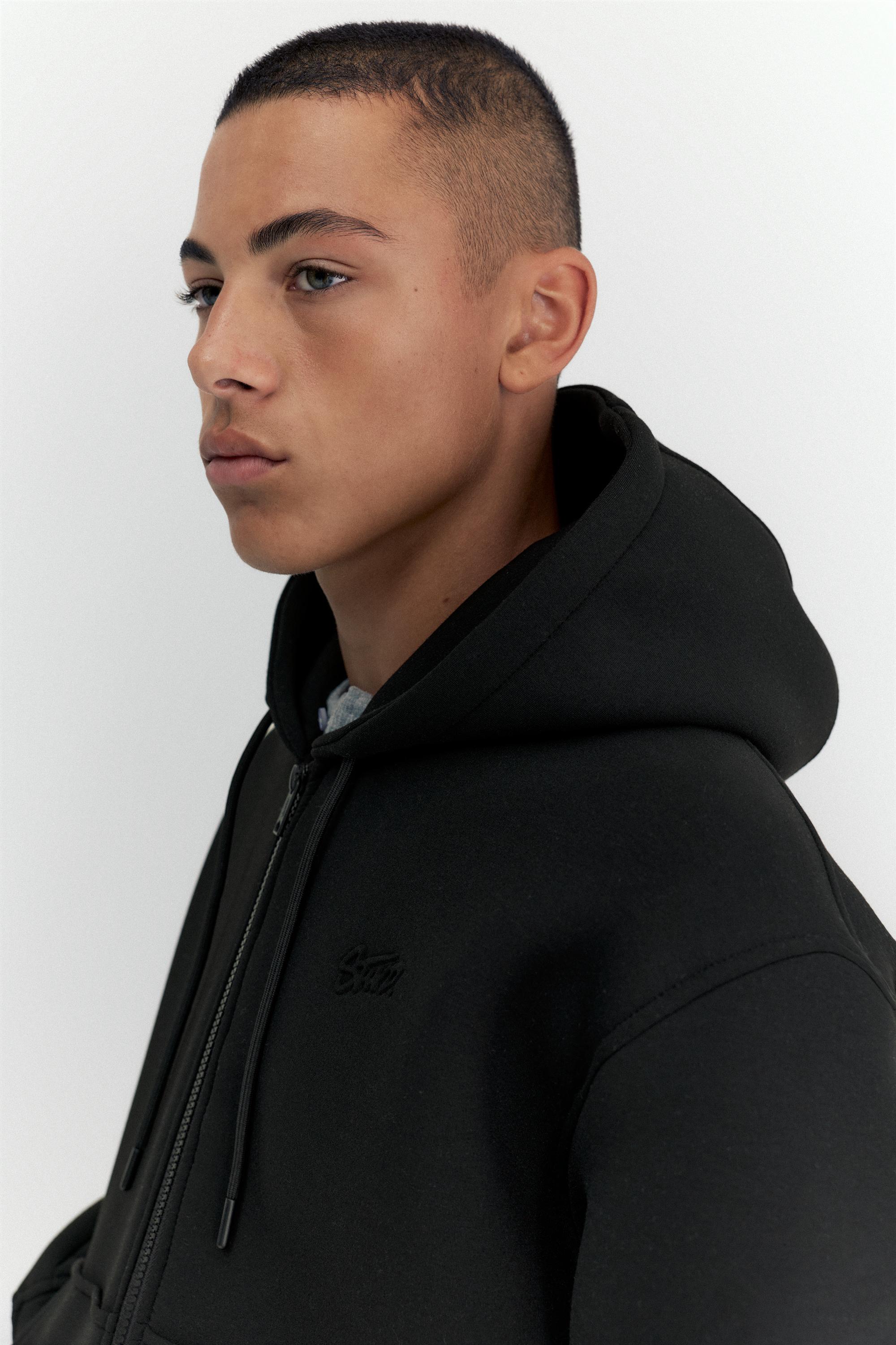 Neoprene-effect zip-up hoodie — Black