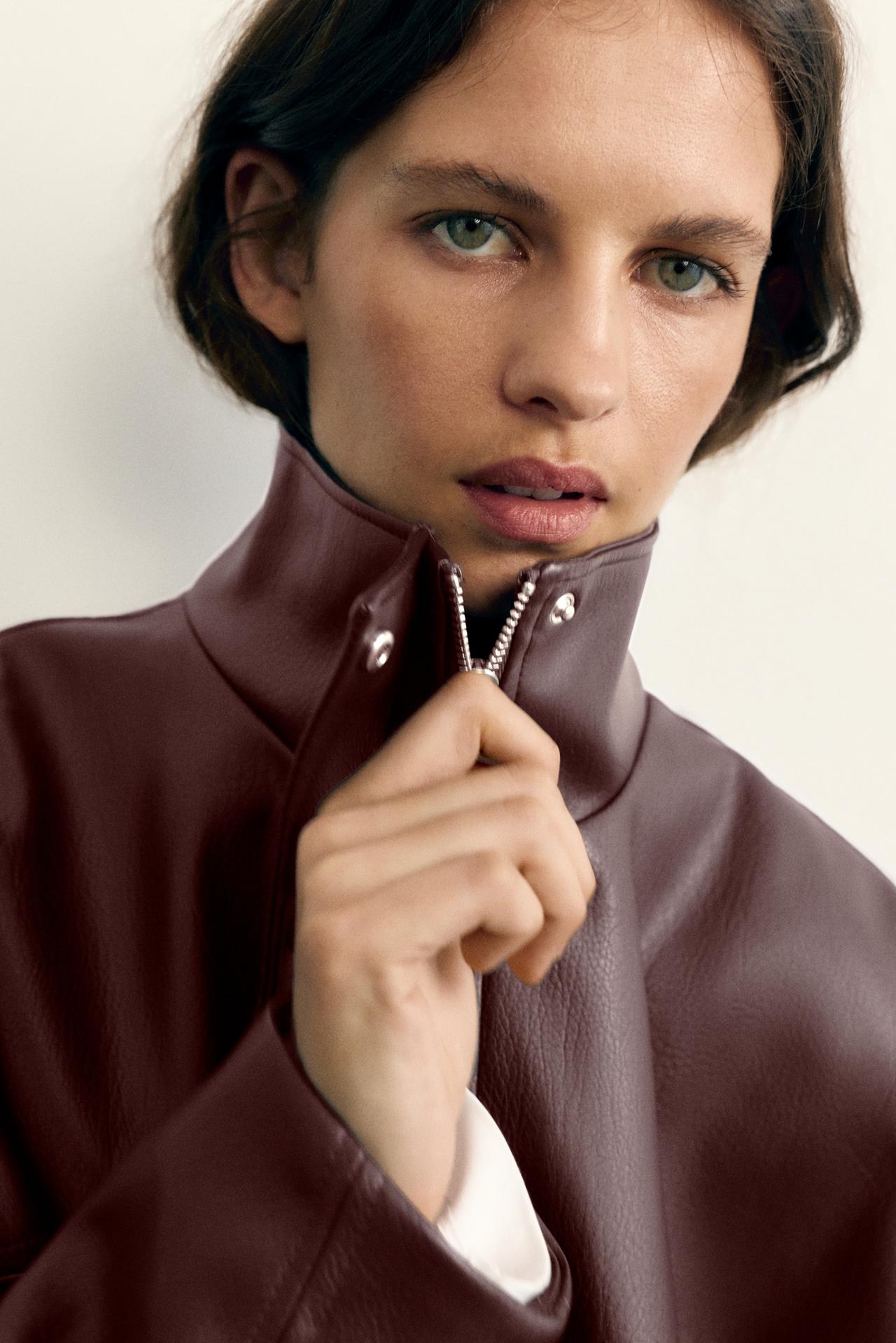 Leather-effect balloon bomber jacket — Chocolate