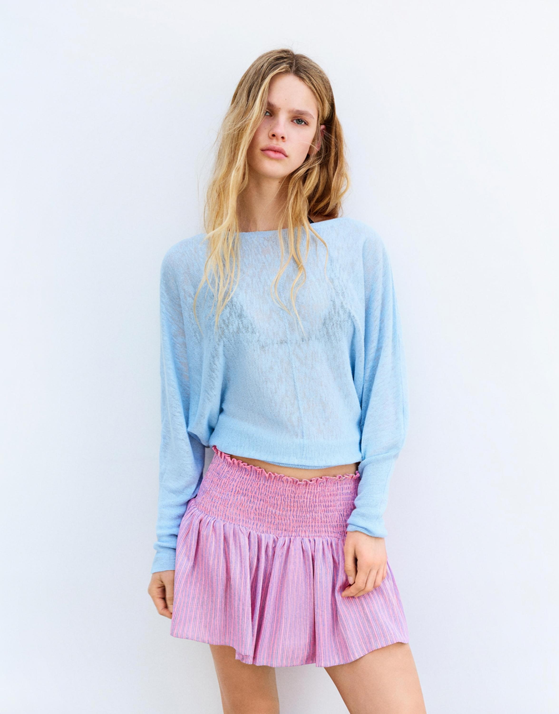 Striped linen blend mini skirt — Pink