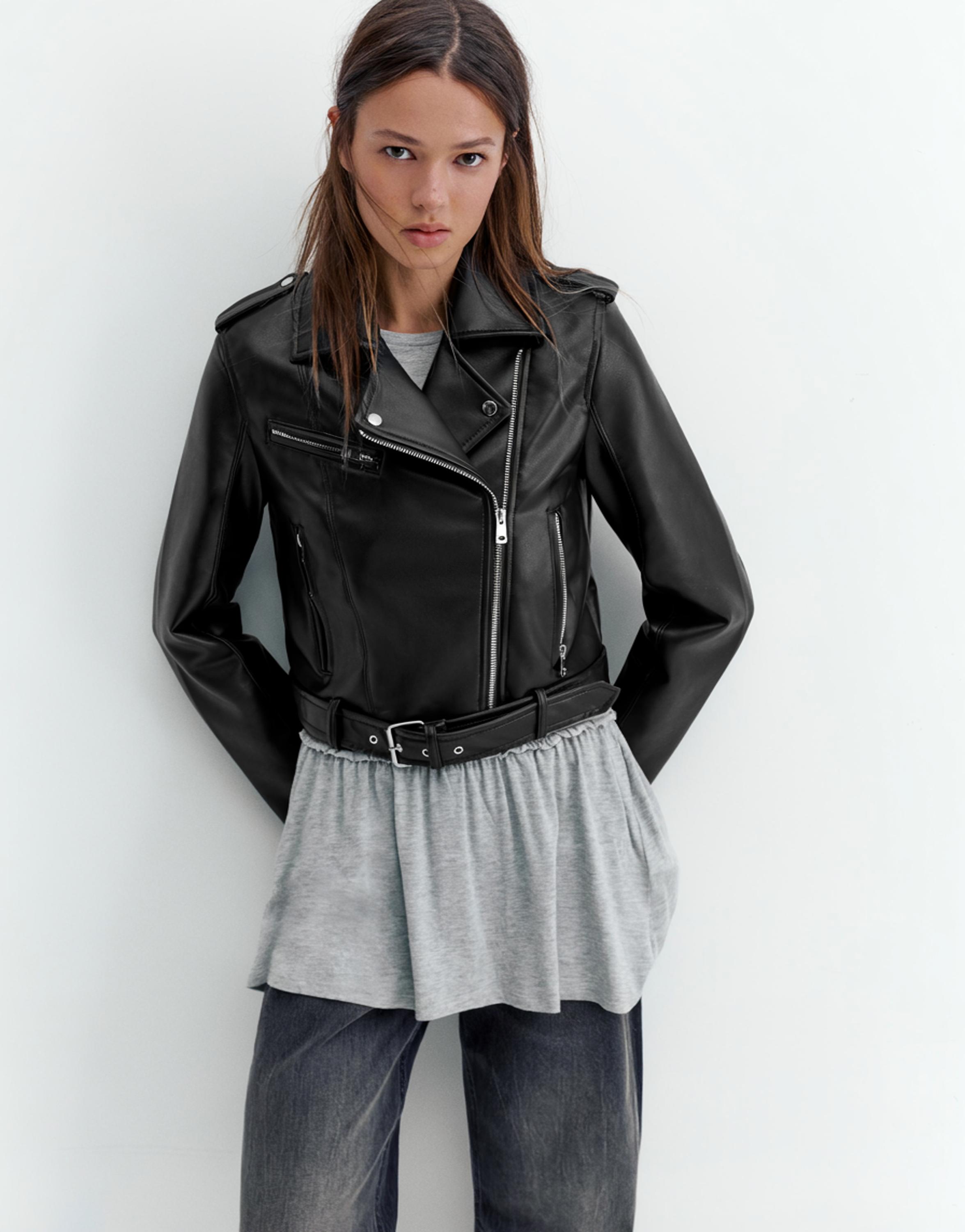 Suni deri biker ceket