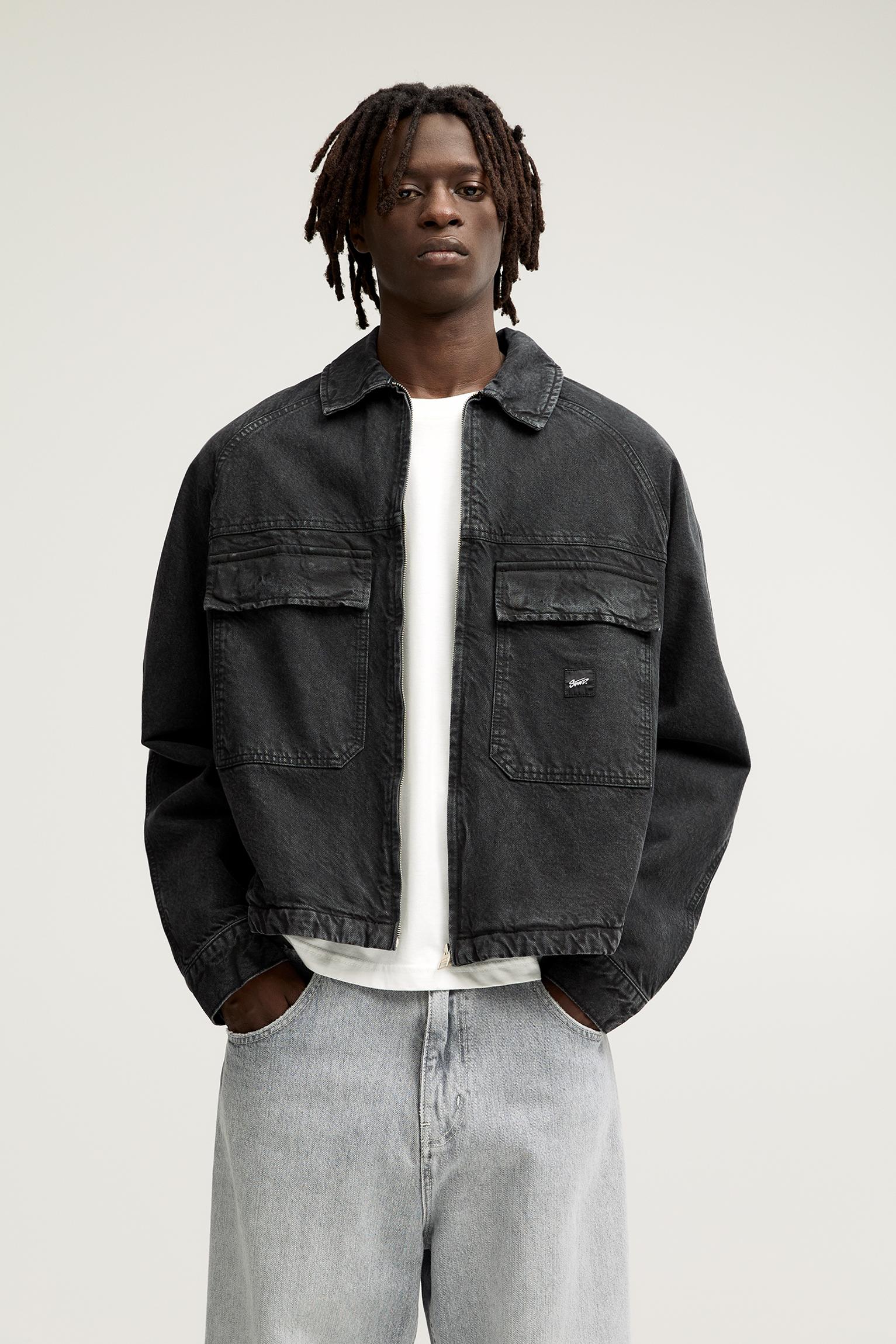 Veste en jean noir homme pull and bear sale