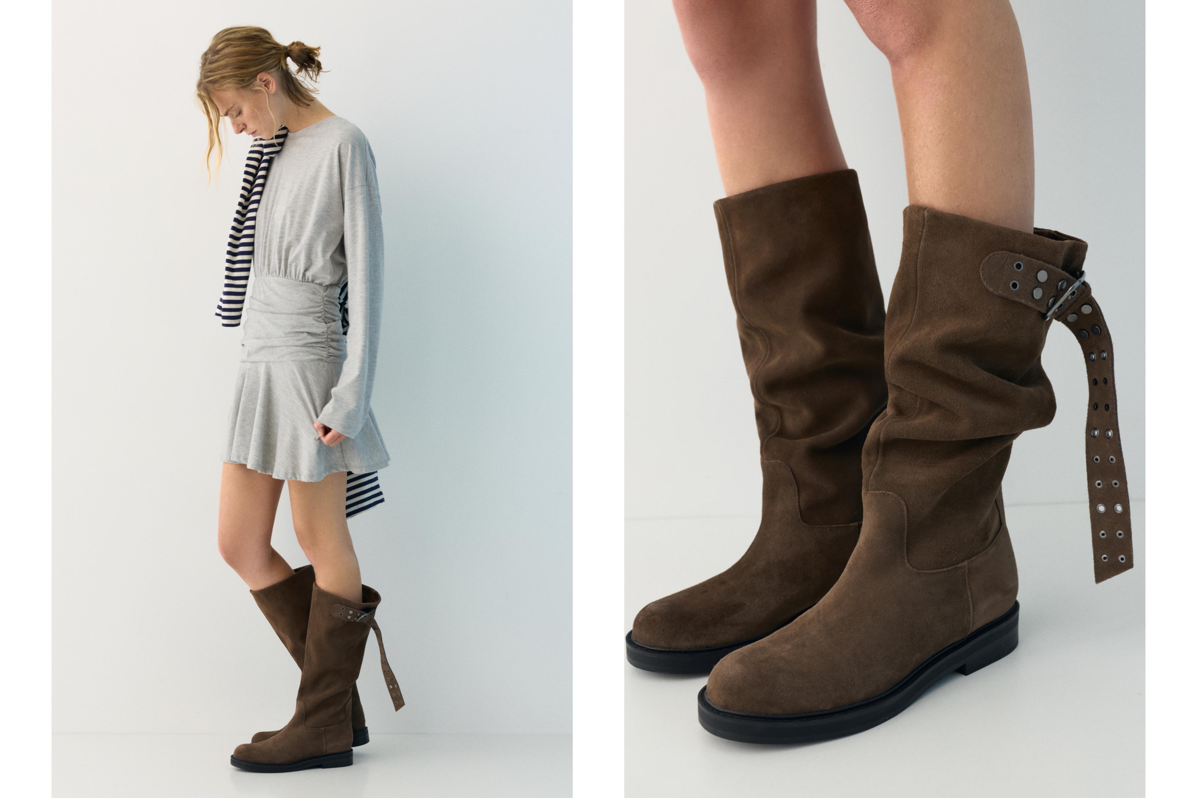 Tall leather buckle boots — Taupe