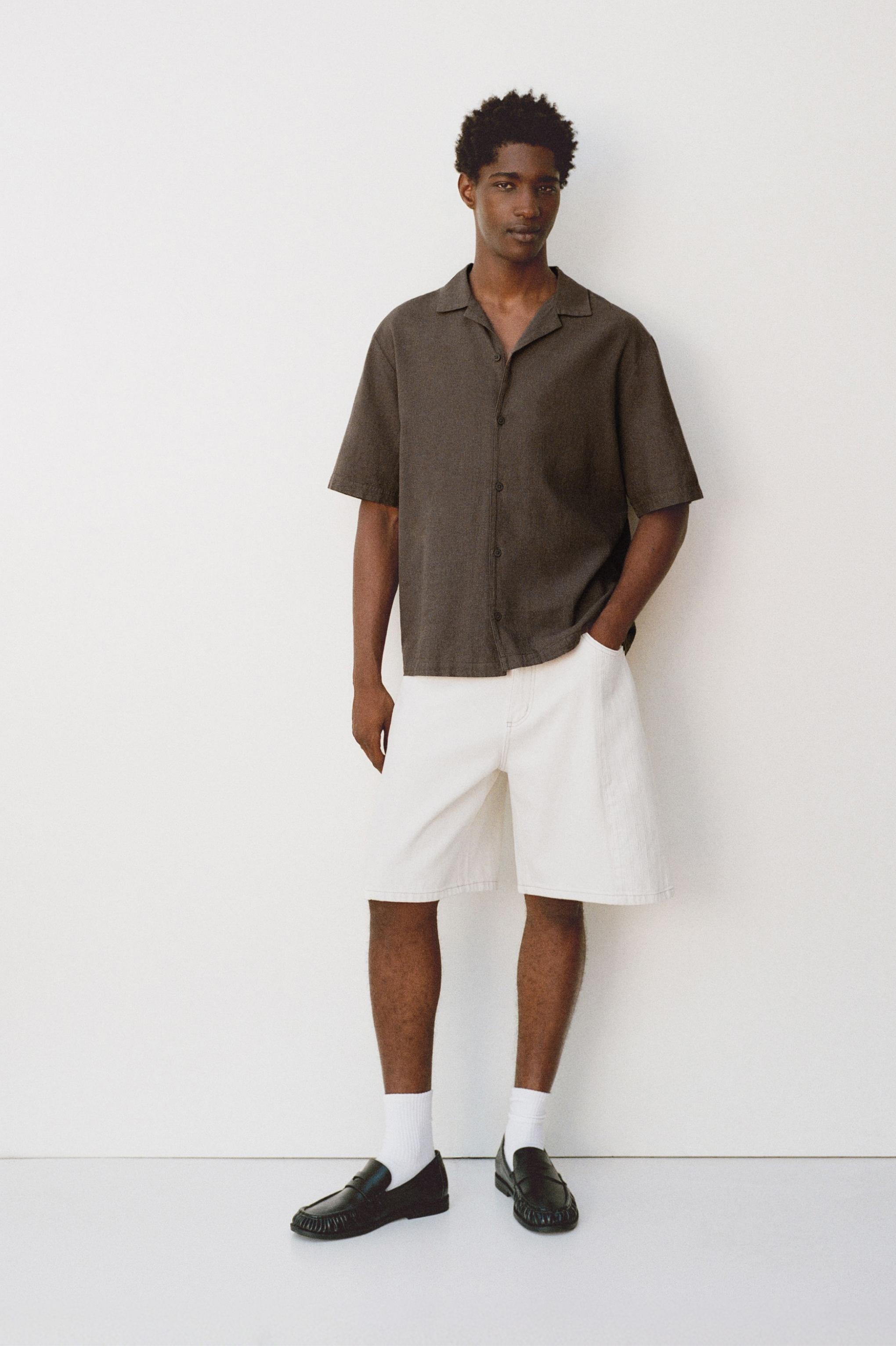 Short sleeve linen blend shirt — Chocolate