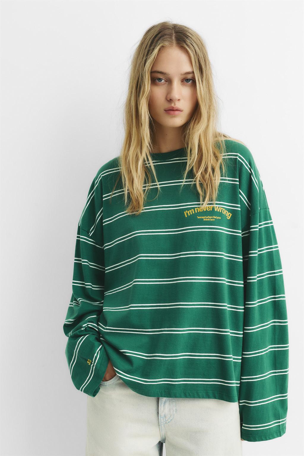 Camiseta verde rayas texto PULL&BEAR - Main Image