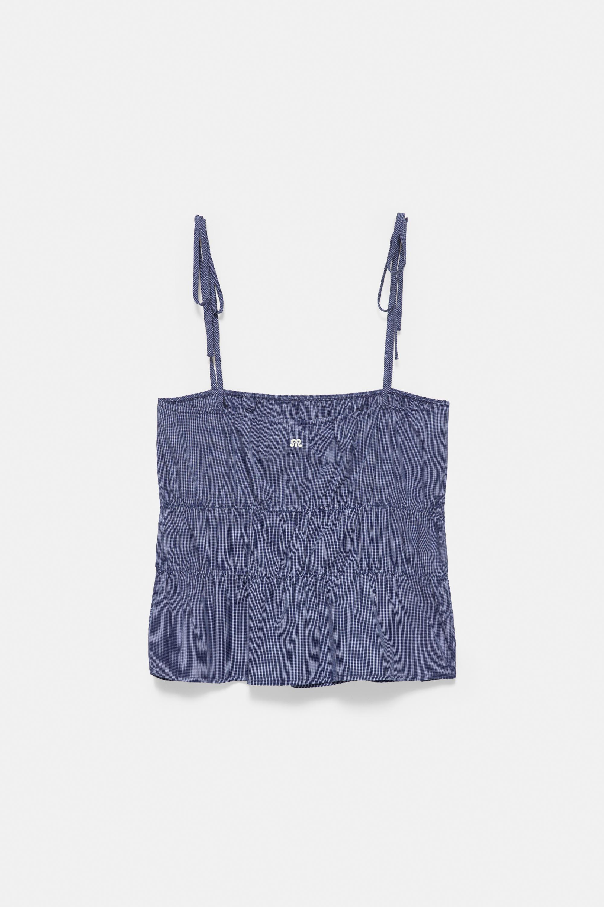 Checked gathered strappy top — Navy