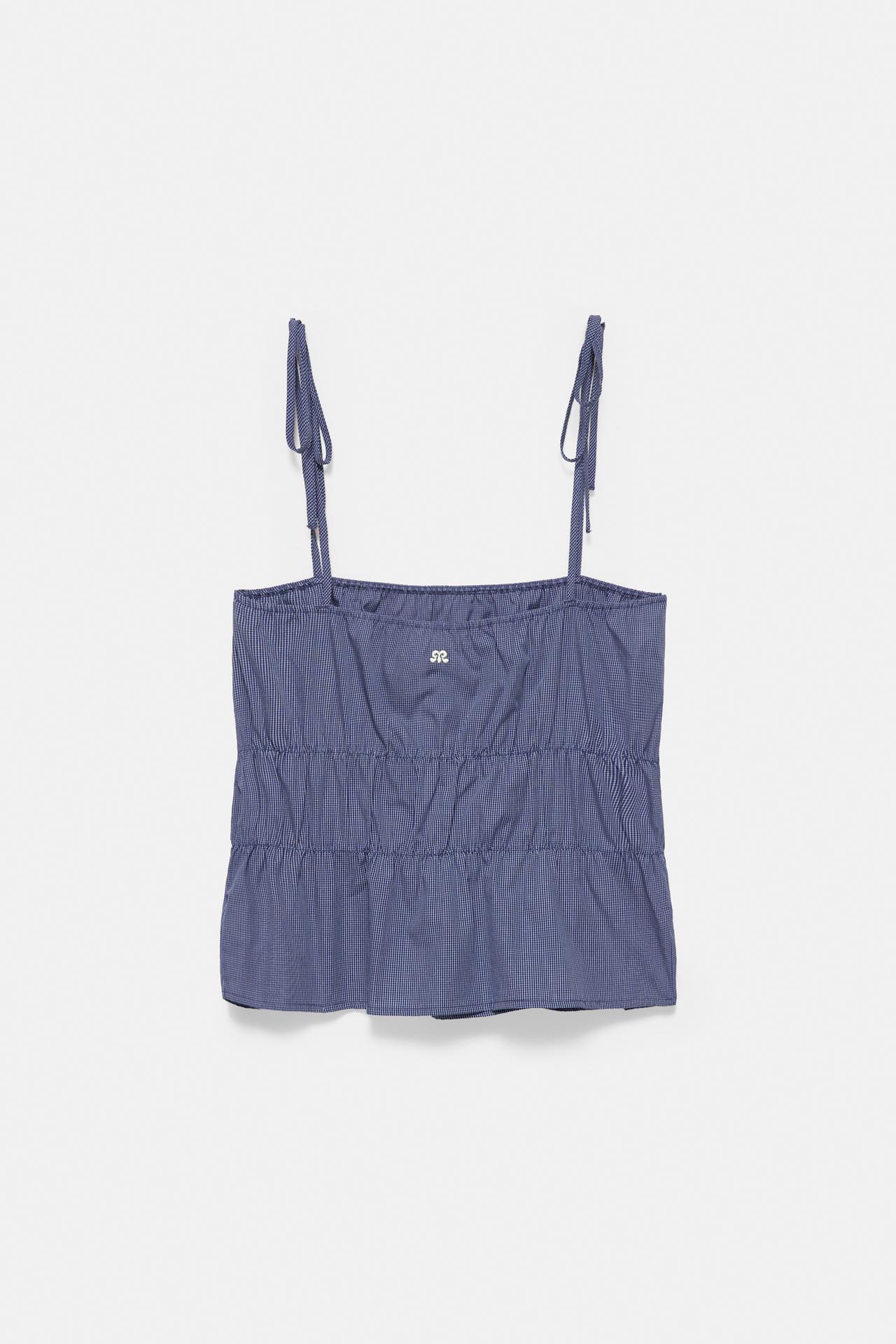 Checked gathered strappy top — Navy