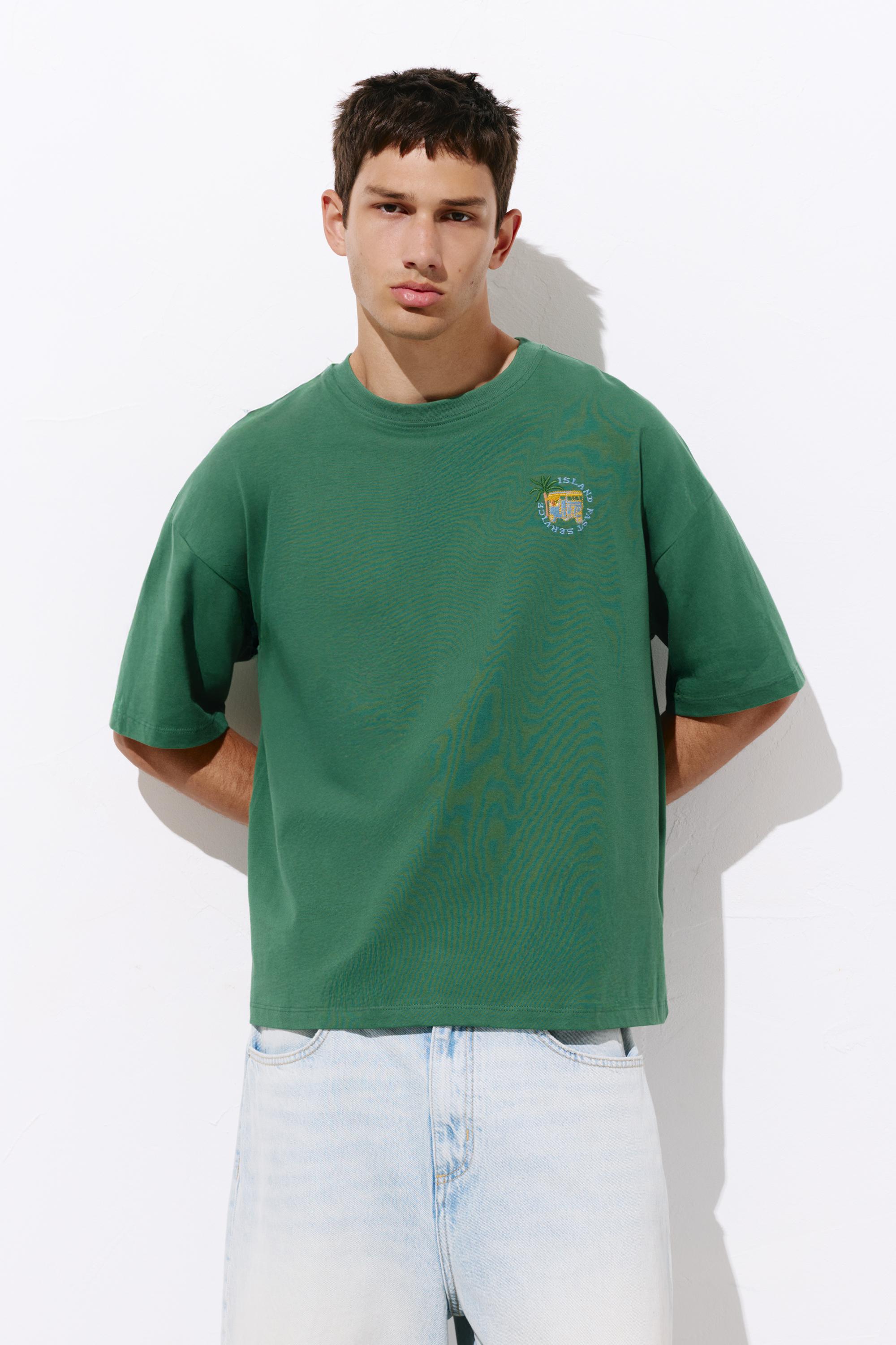 Relaxed embroidered T-shirt — Dark green marl