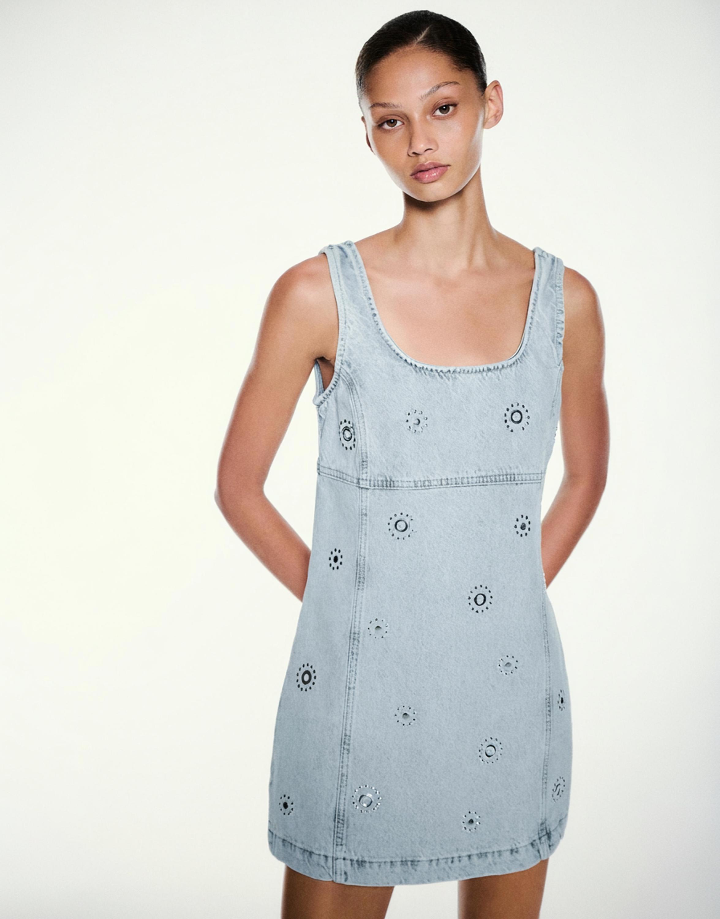 Short studded denim dress — Pale blue