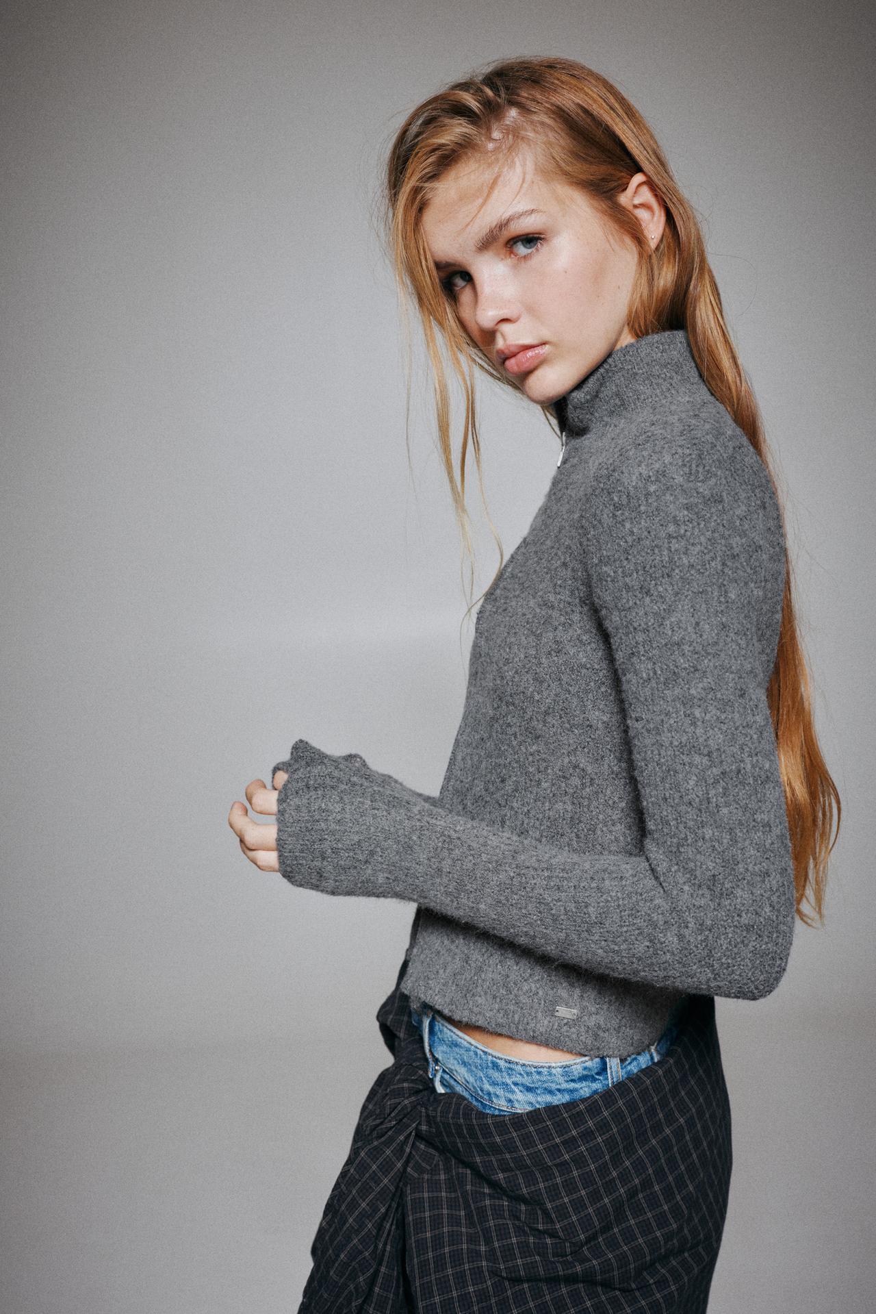 Ribbed zip-up cardigan — Grey marl
