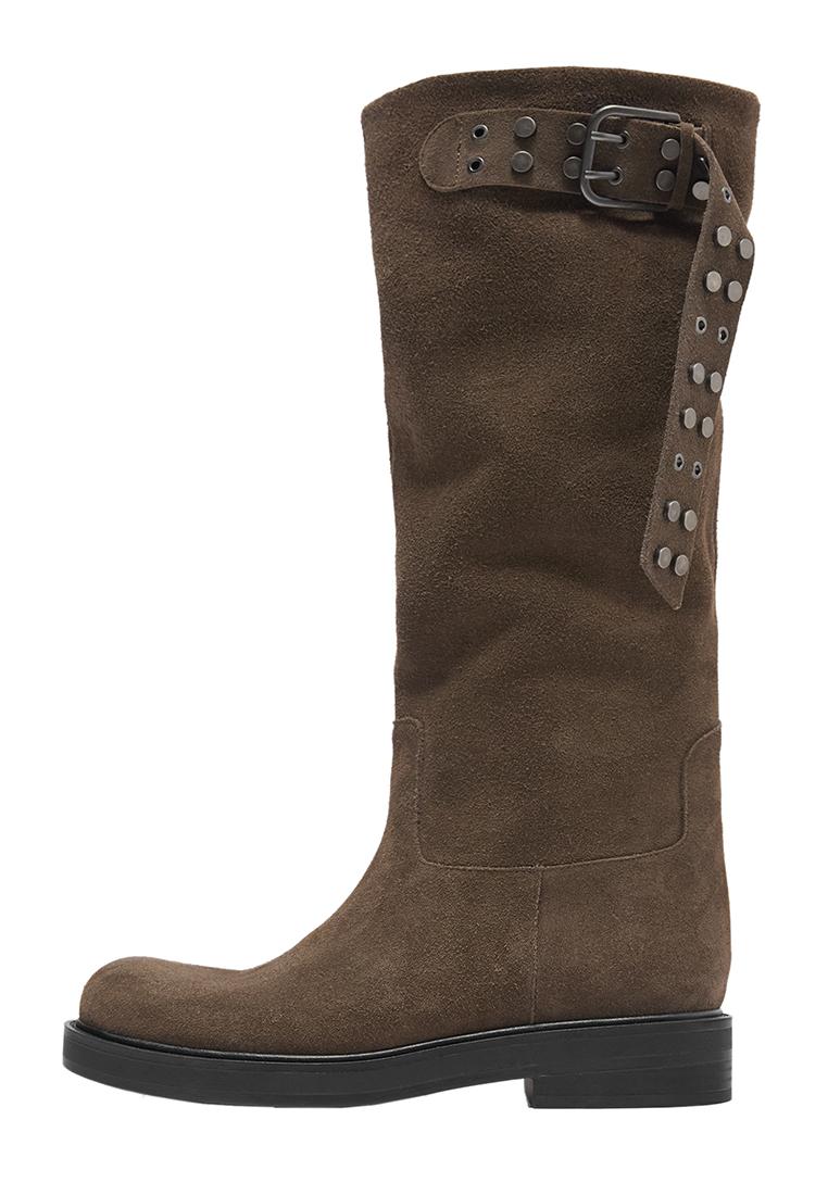 Tall leather buckle boots — Taupe