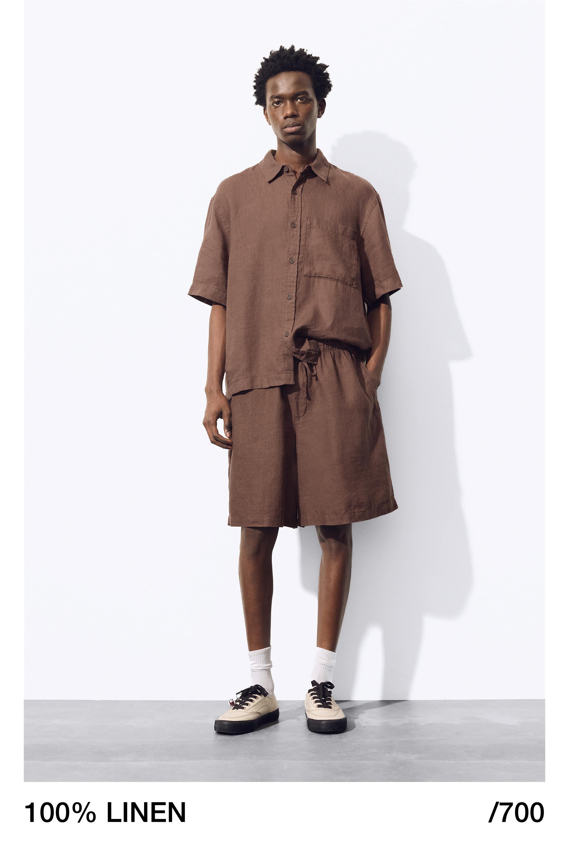 100% linen short sleeve shirt — Brown