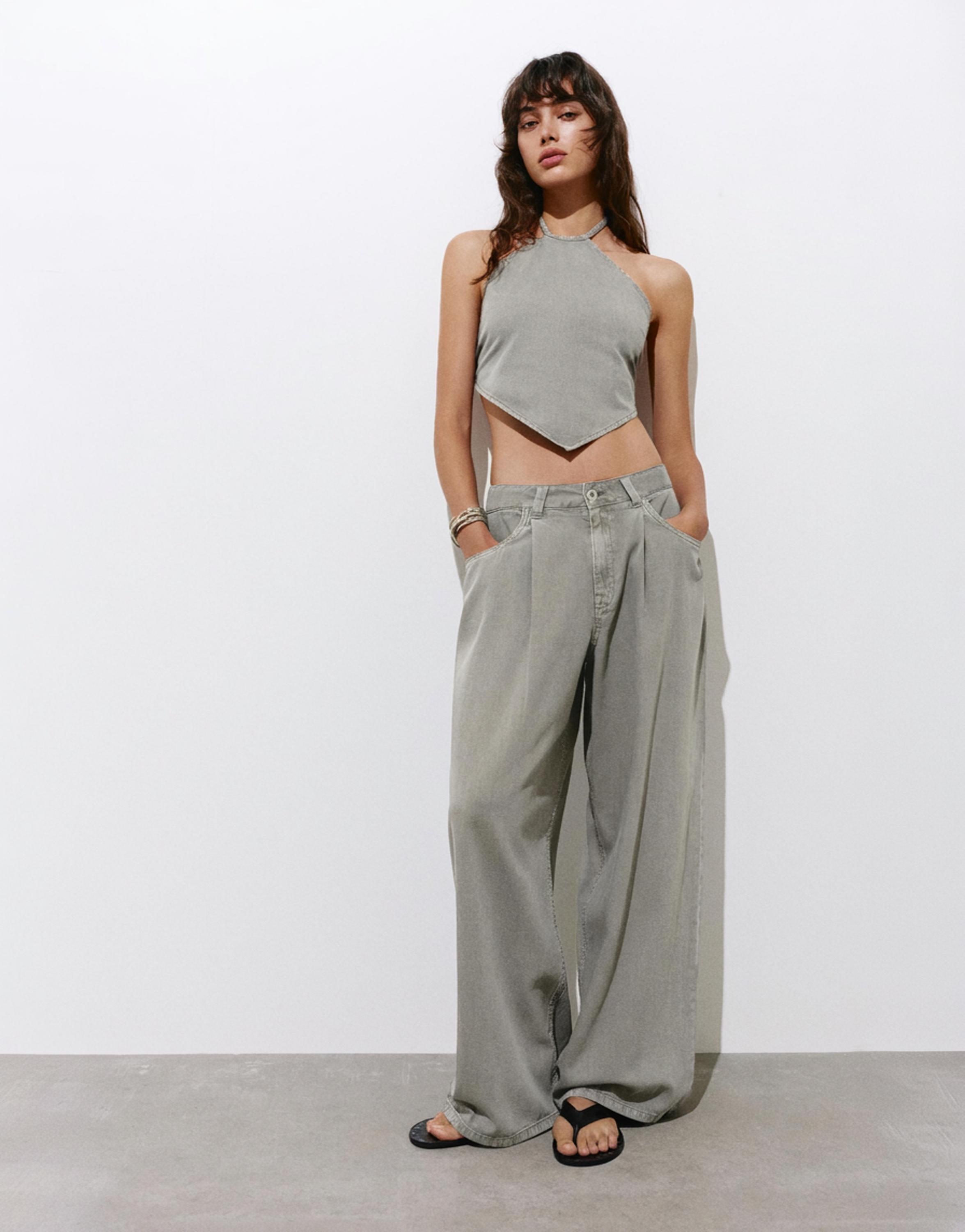 Wide-leg jeans with darts — Taupe