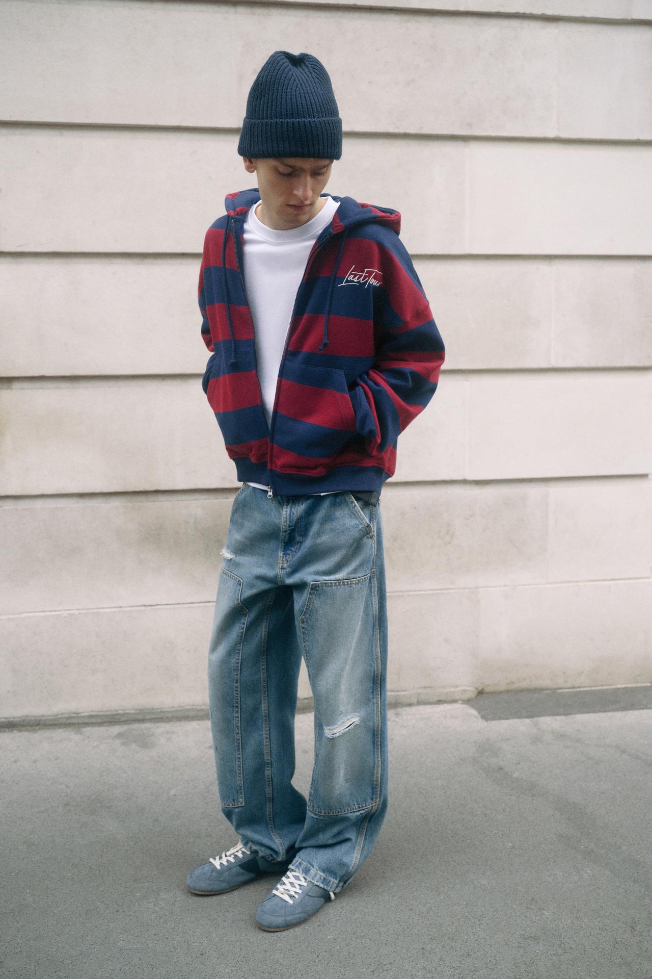 Striped zip-up sweatshirt with hood — Navy