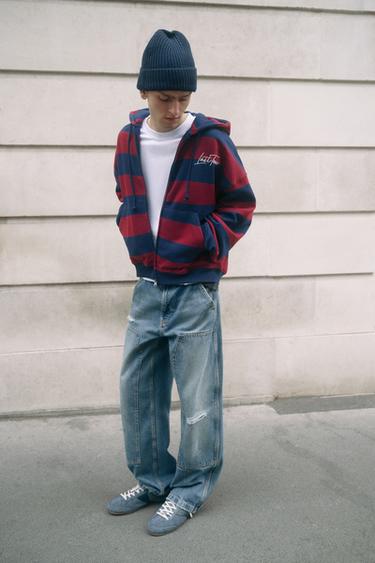 Striped zip-up sweatshirt with hood — Navy 9