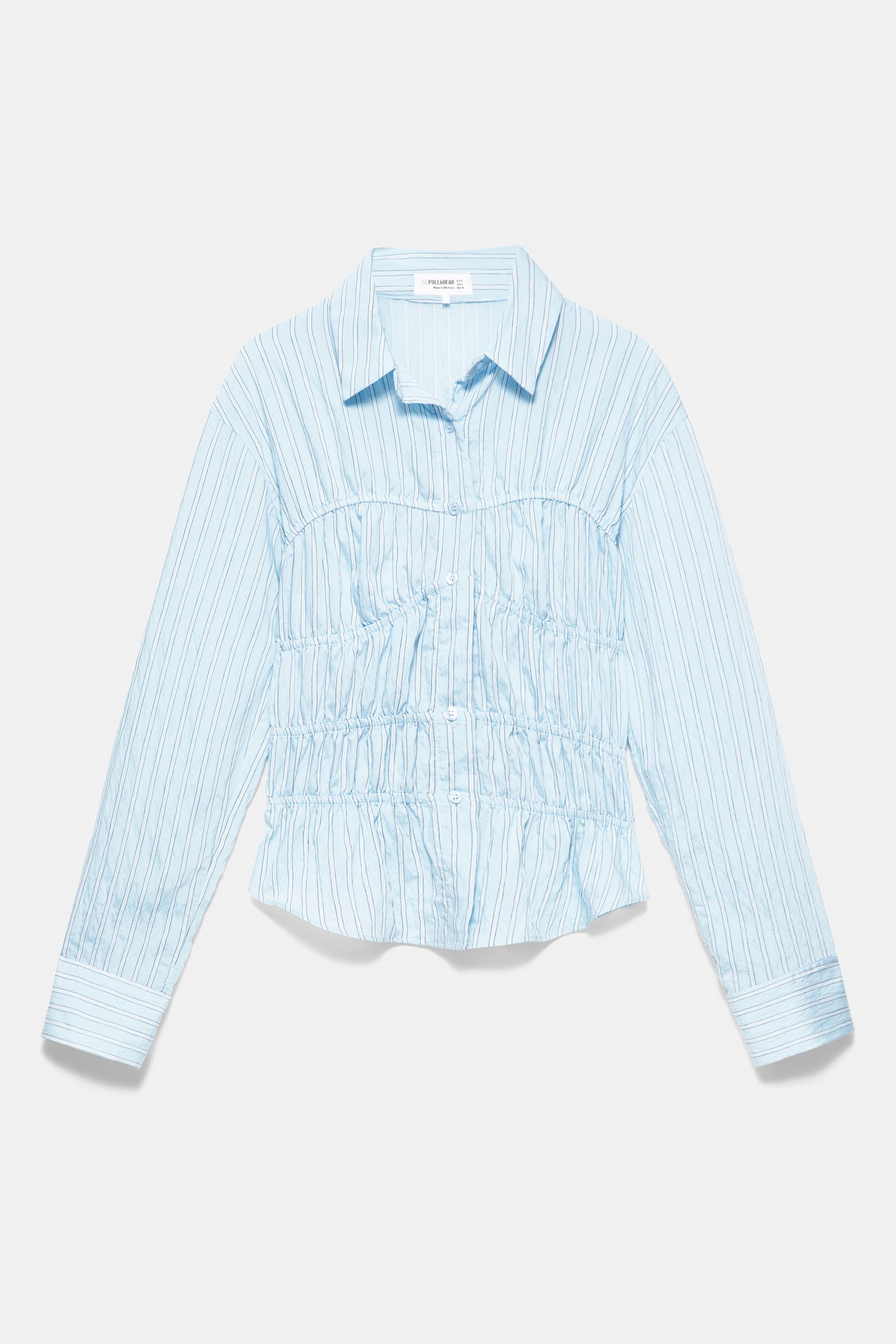 Striped long sleeve gathered shirt — White/Sky Blue