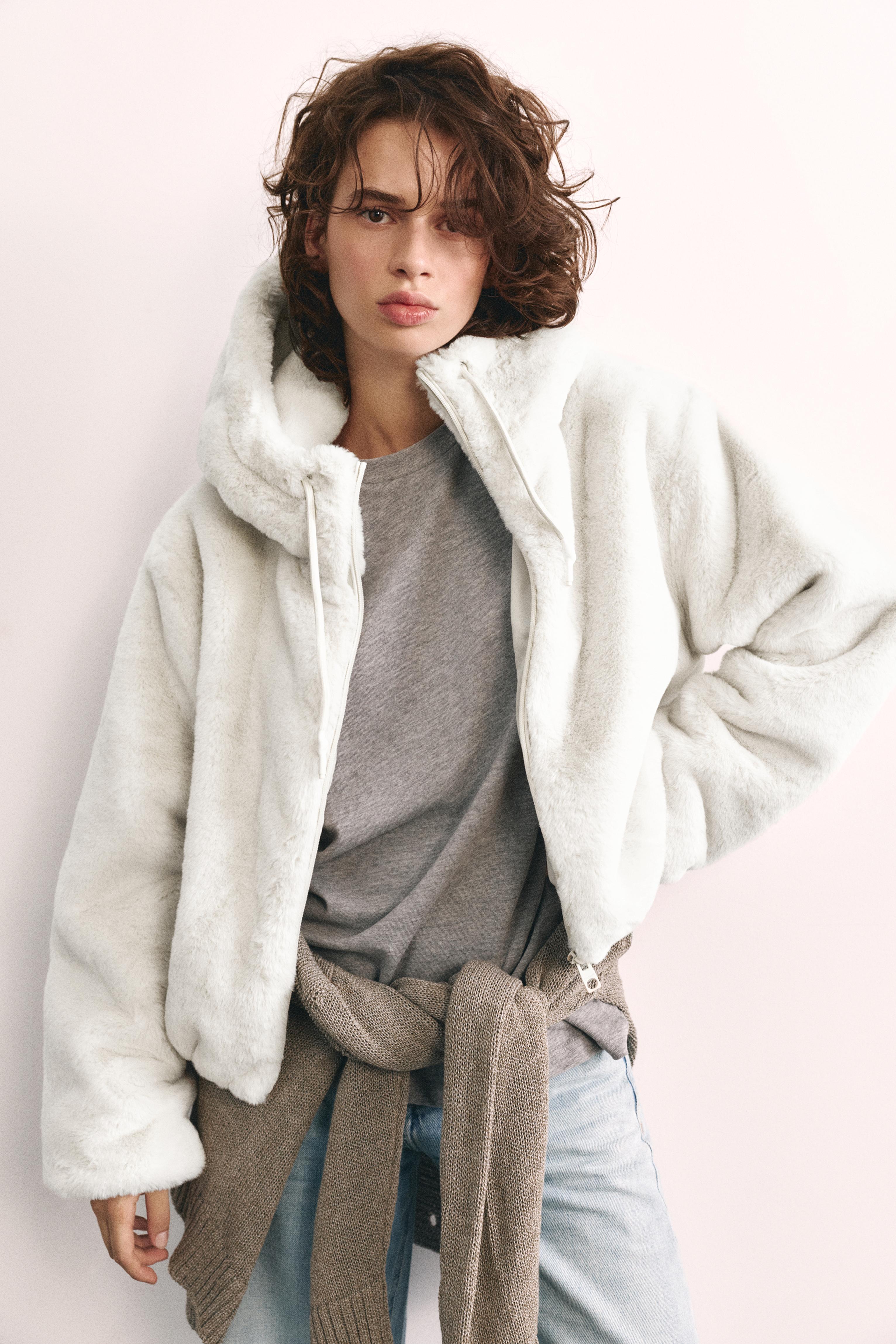 Hooded faux fur jacket — Ecru