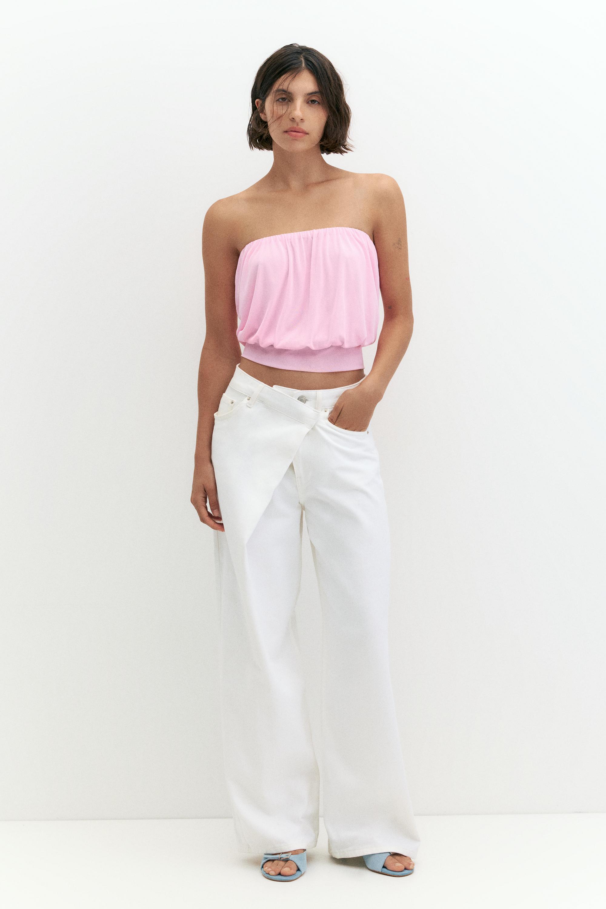 Strapless top with waistband — White/Pink