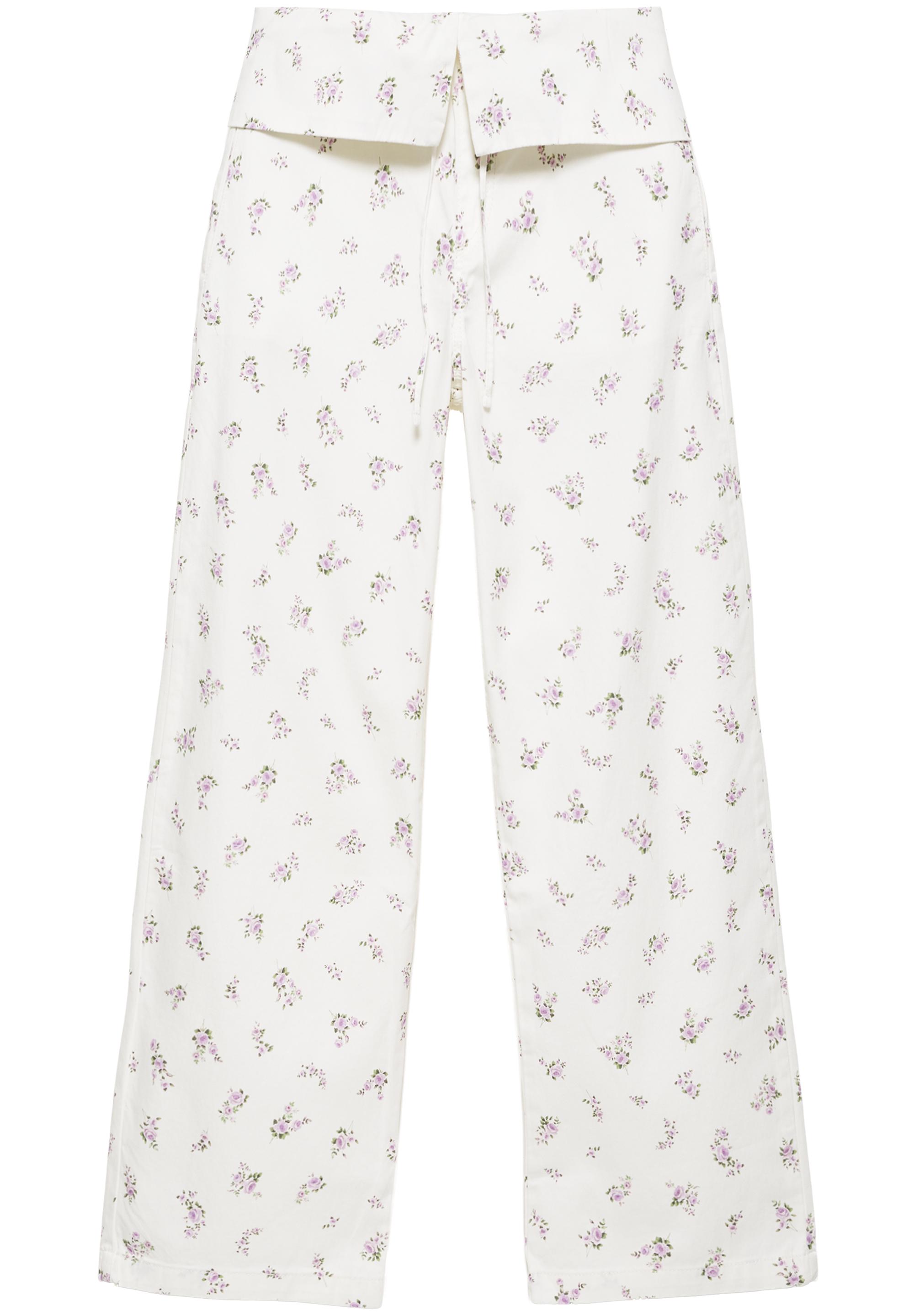 Floral trousers with turn-up waist — White
