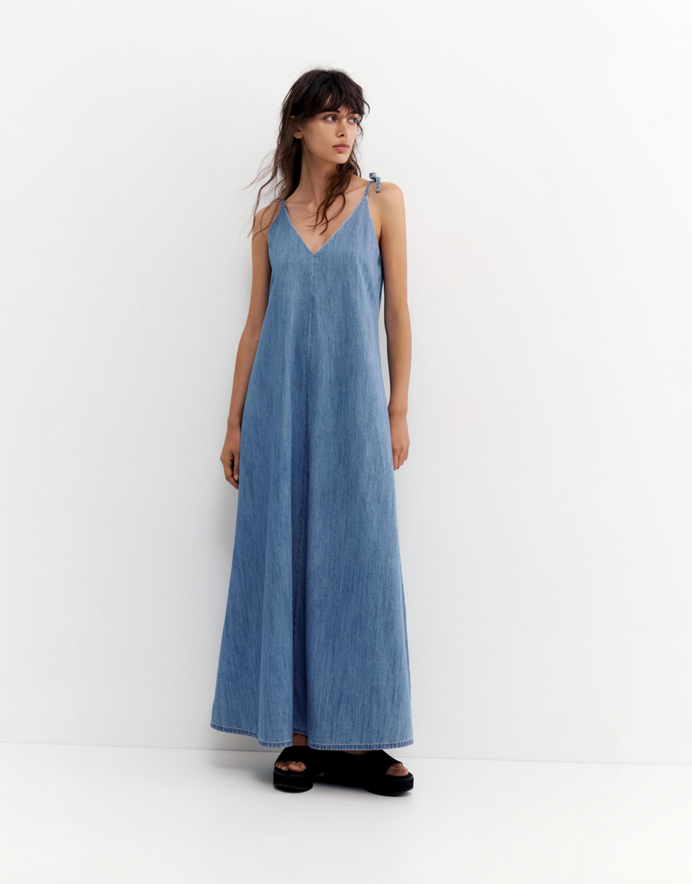 Long denim strappy dress — Pale blue