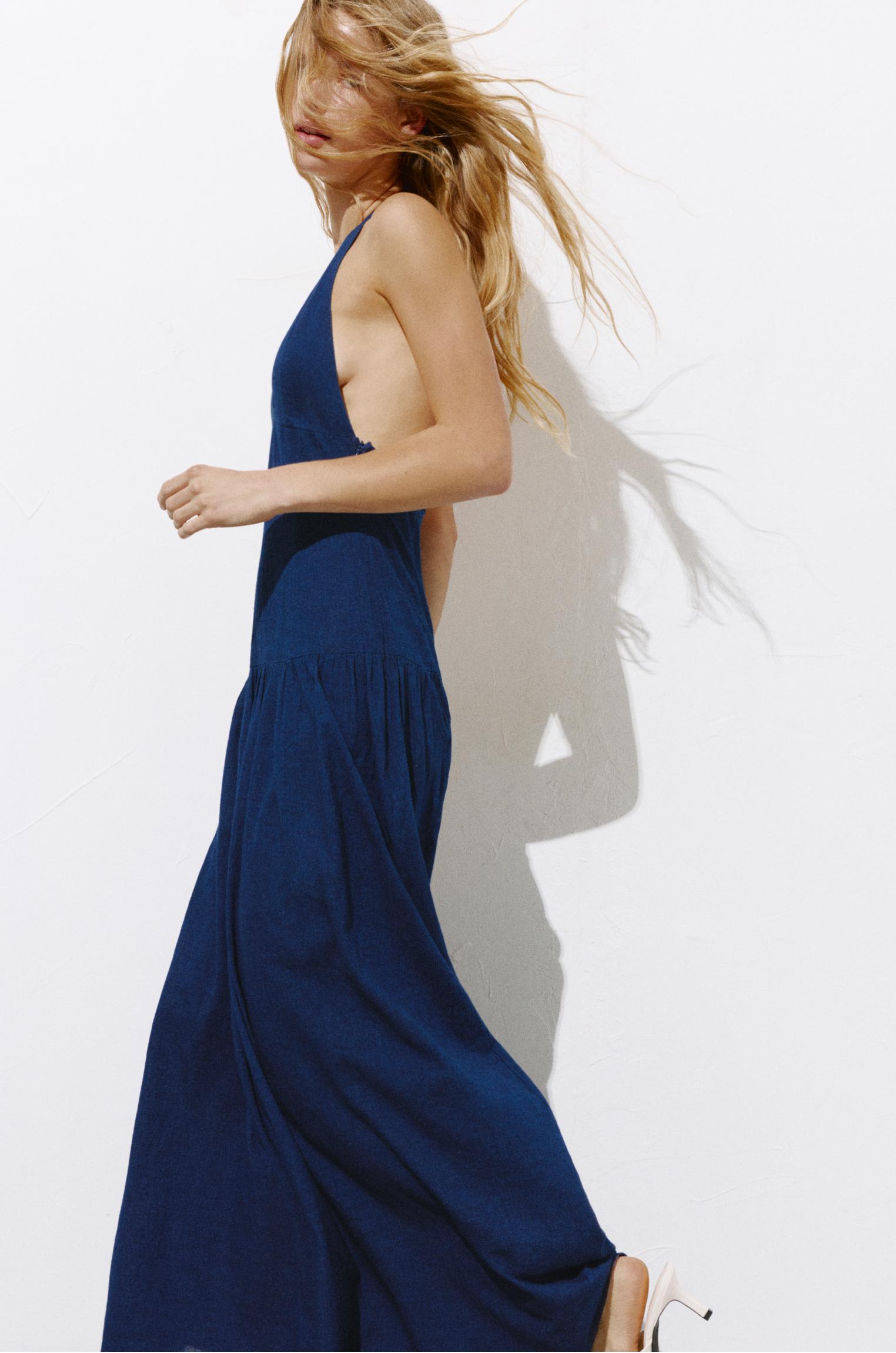Long halter denim dress — Dark blue