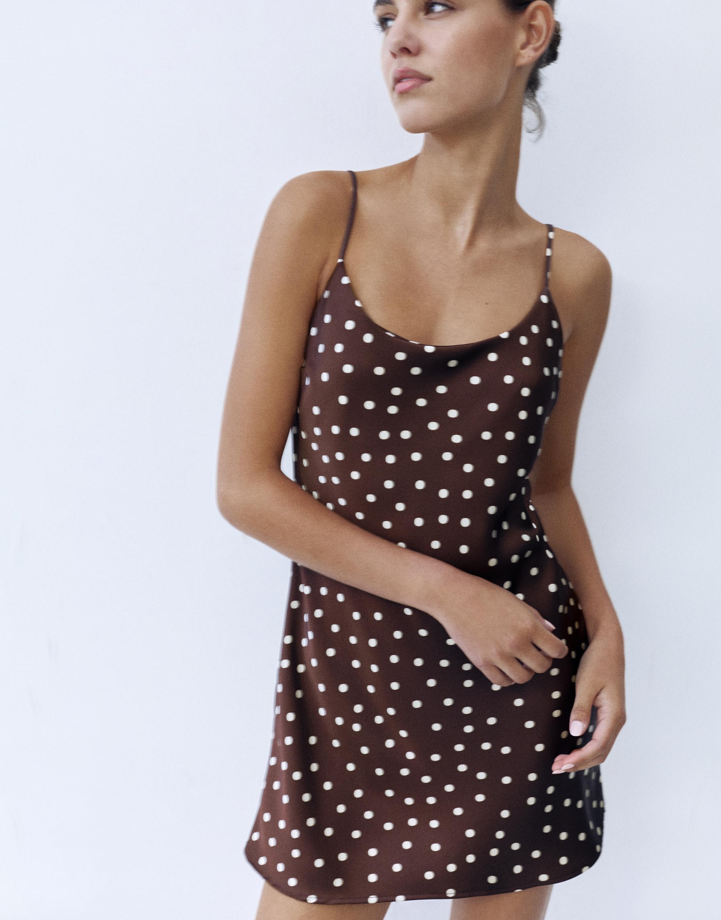 Short satin strappy dress — Brown/Ecru