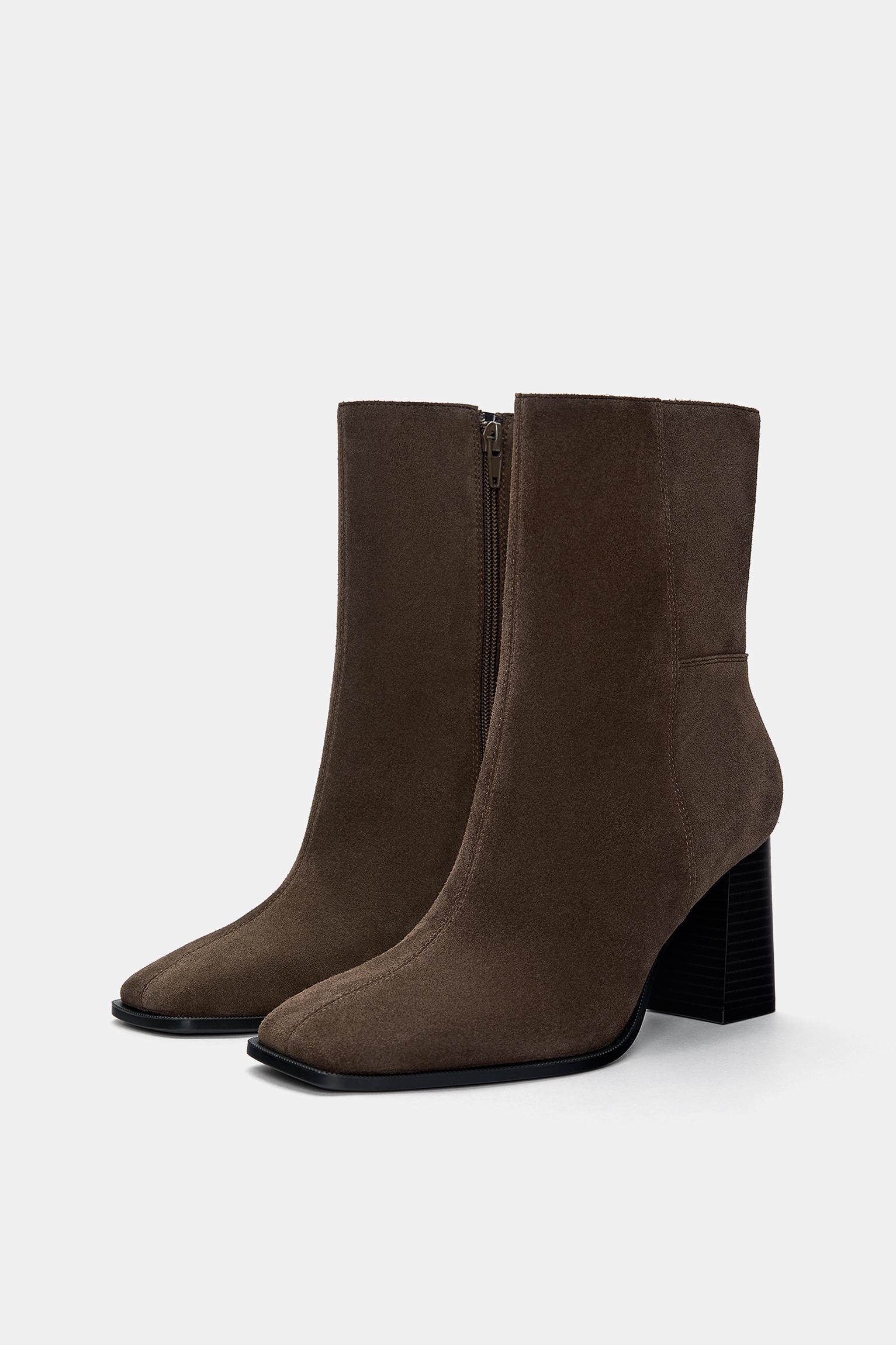Leather high-heel ankle boots — Taupe