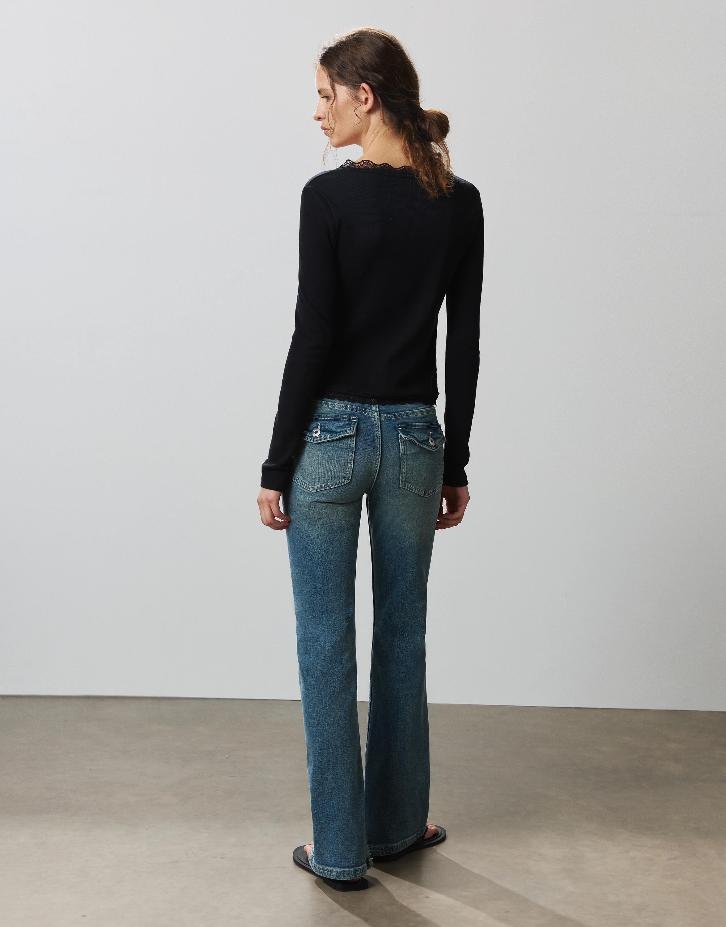 Buttoned lace T-shirt — Black