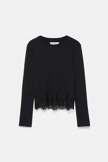 Long sleeve T-shirt with lace hem — Black 4