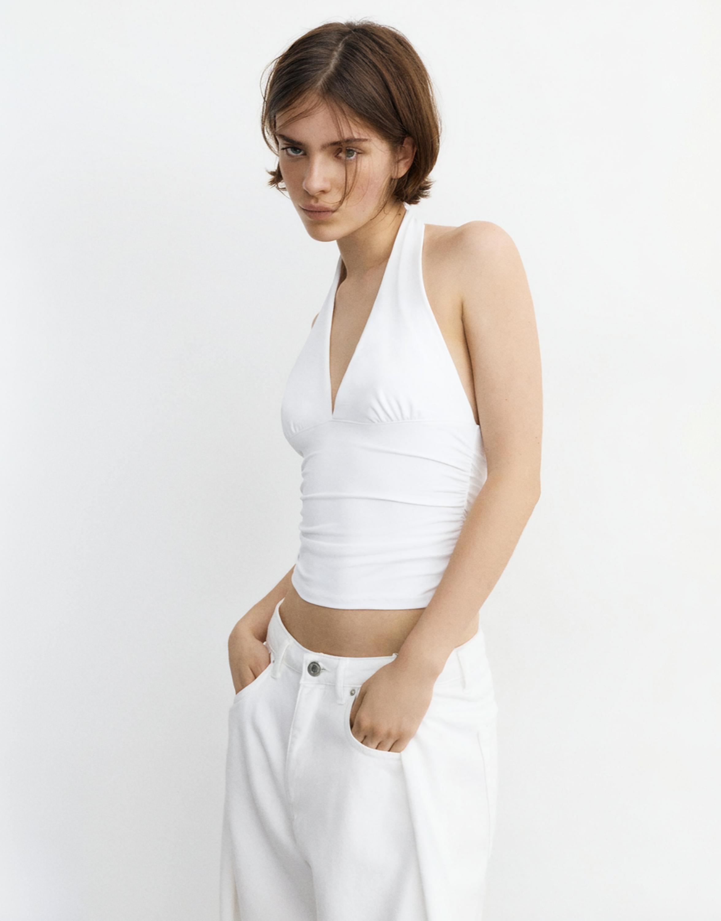 Halter neck top with gathering — White