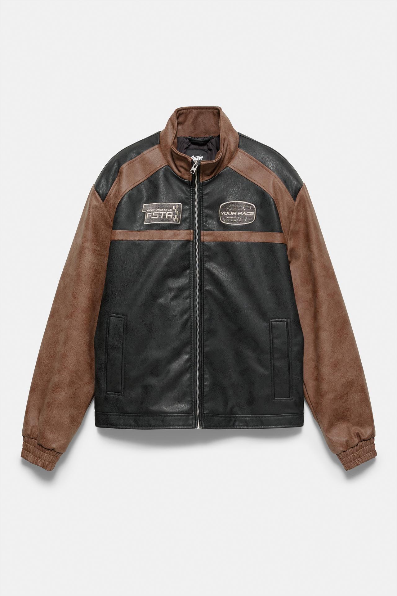 Leather-effect panel jacket — Brown
