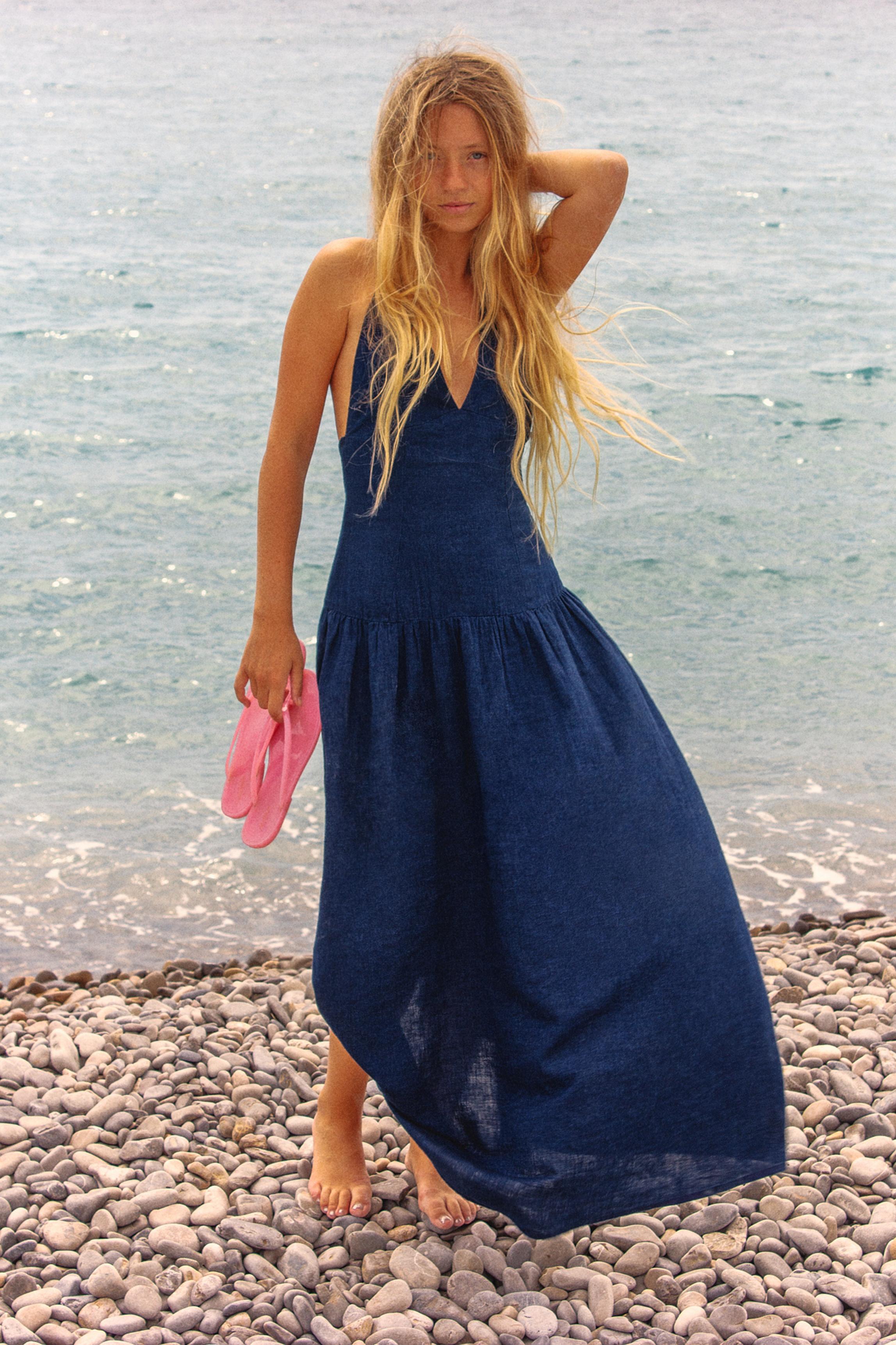 Long halter denim dress — Dark blue