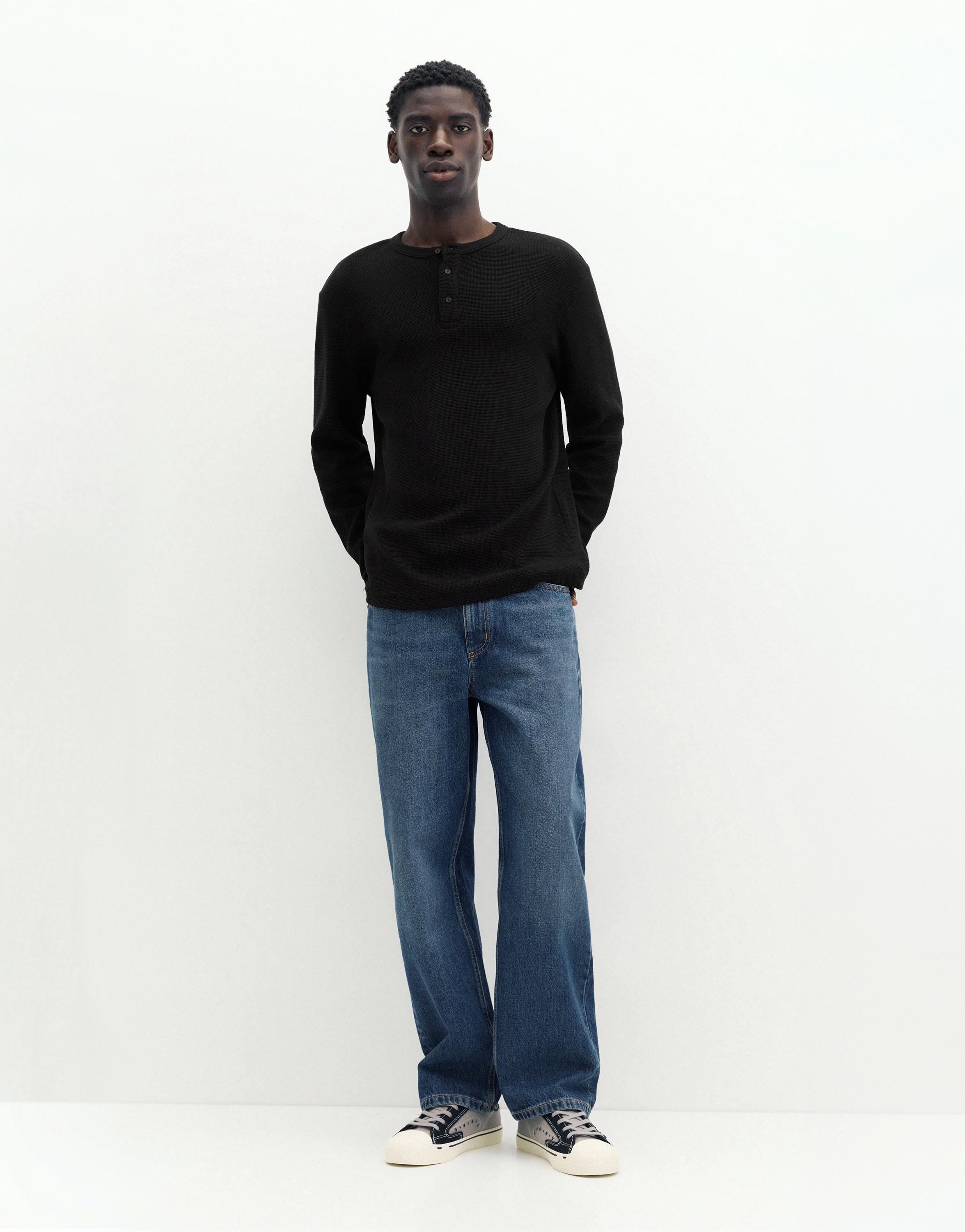 Waffle-knit long sleeve T-shirt — Black