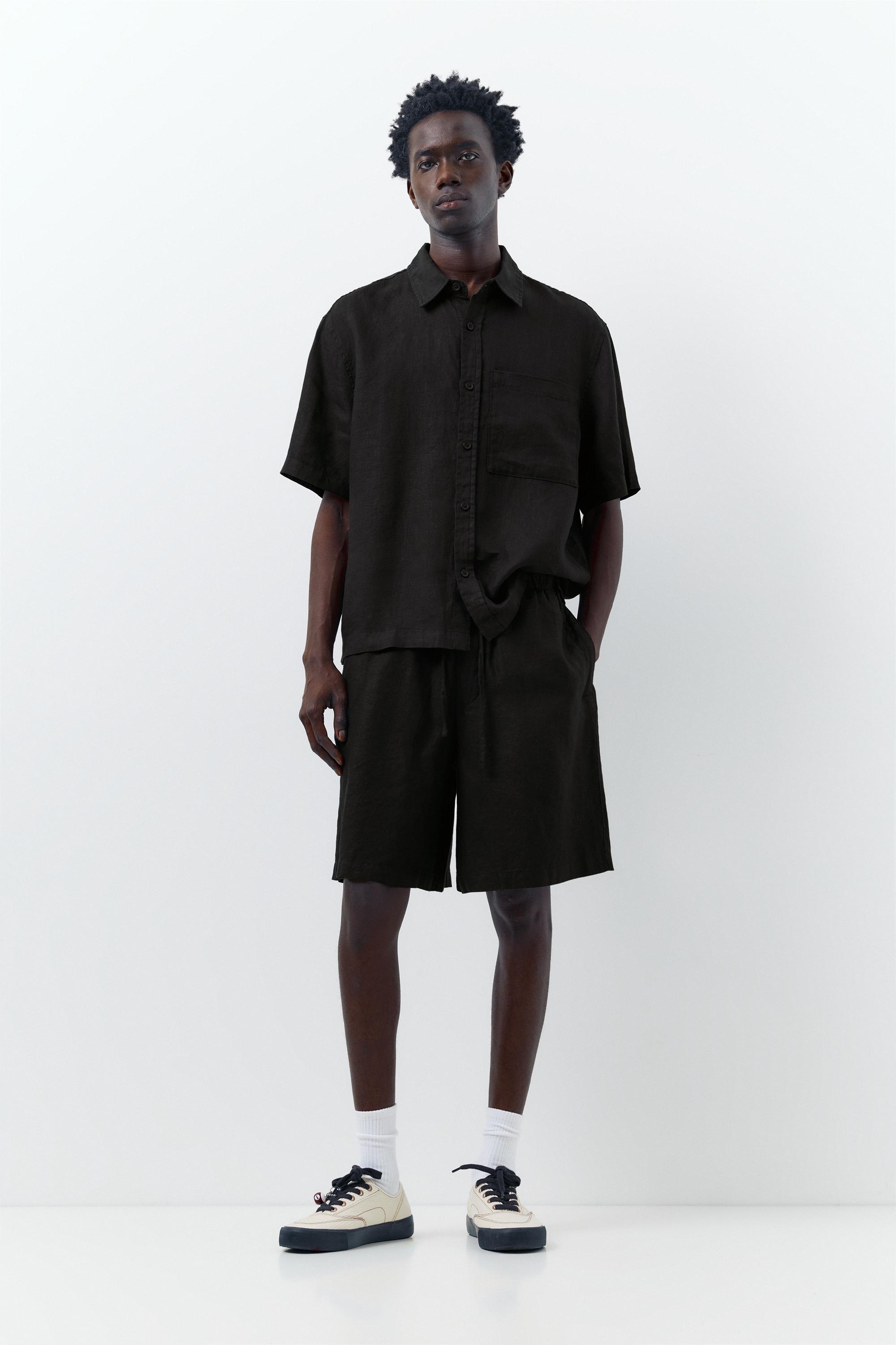 100% linen short sleeve shirt — Black