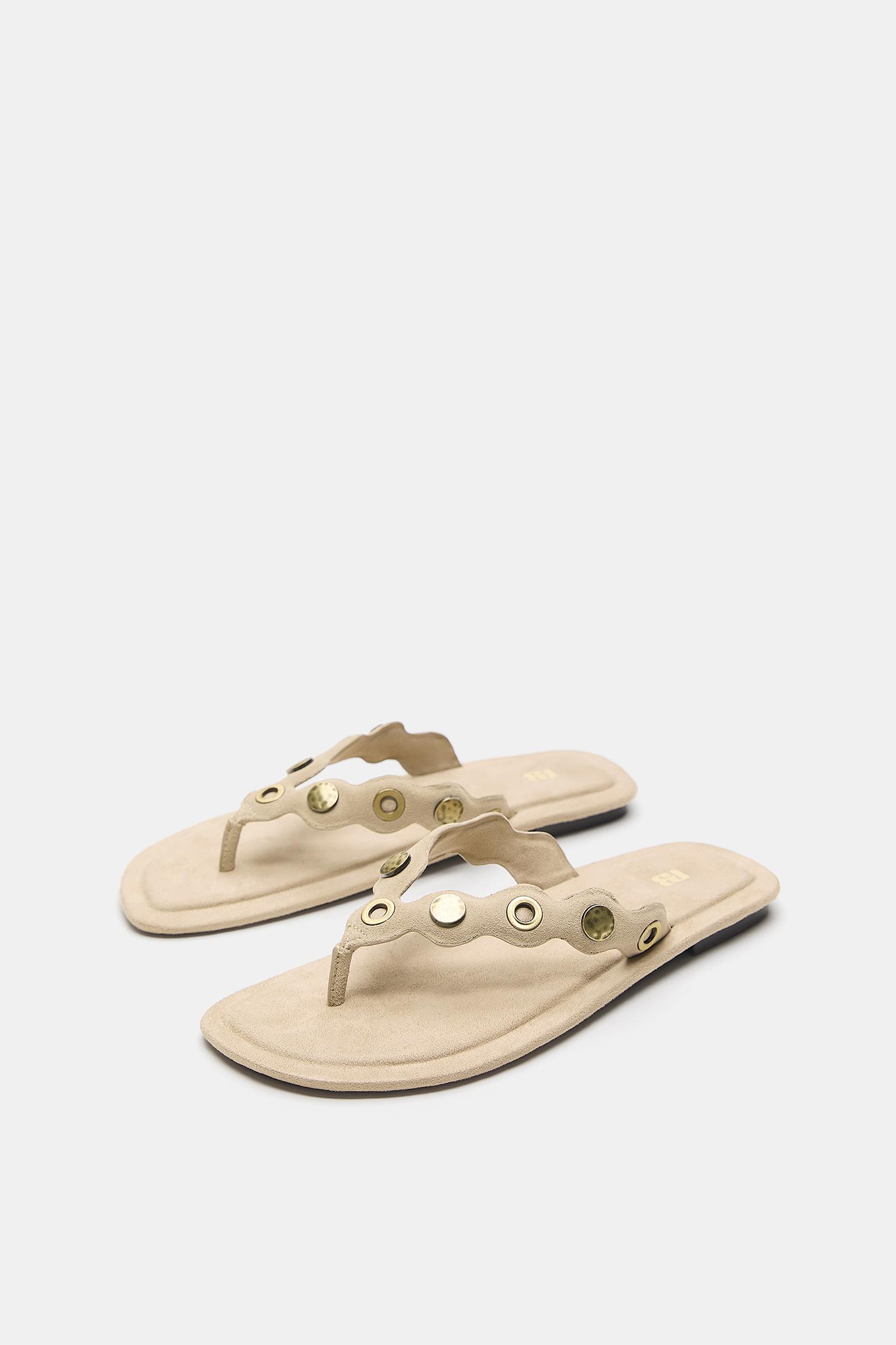 Flat studded leather sandals — Sand