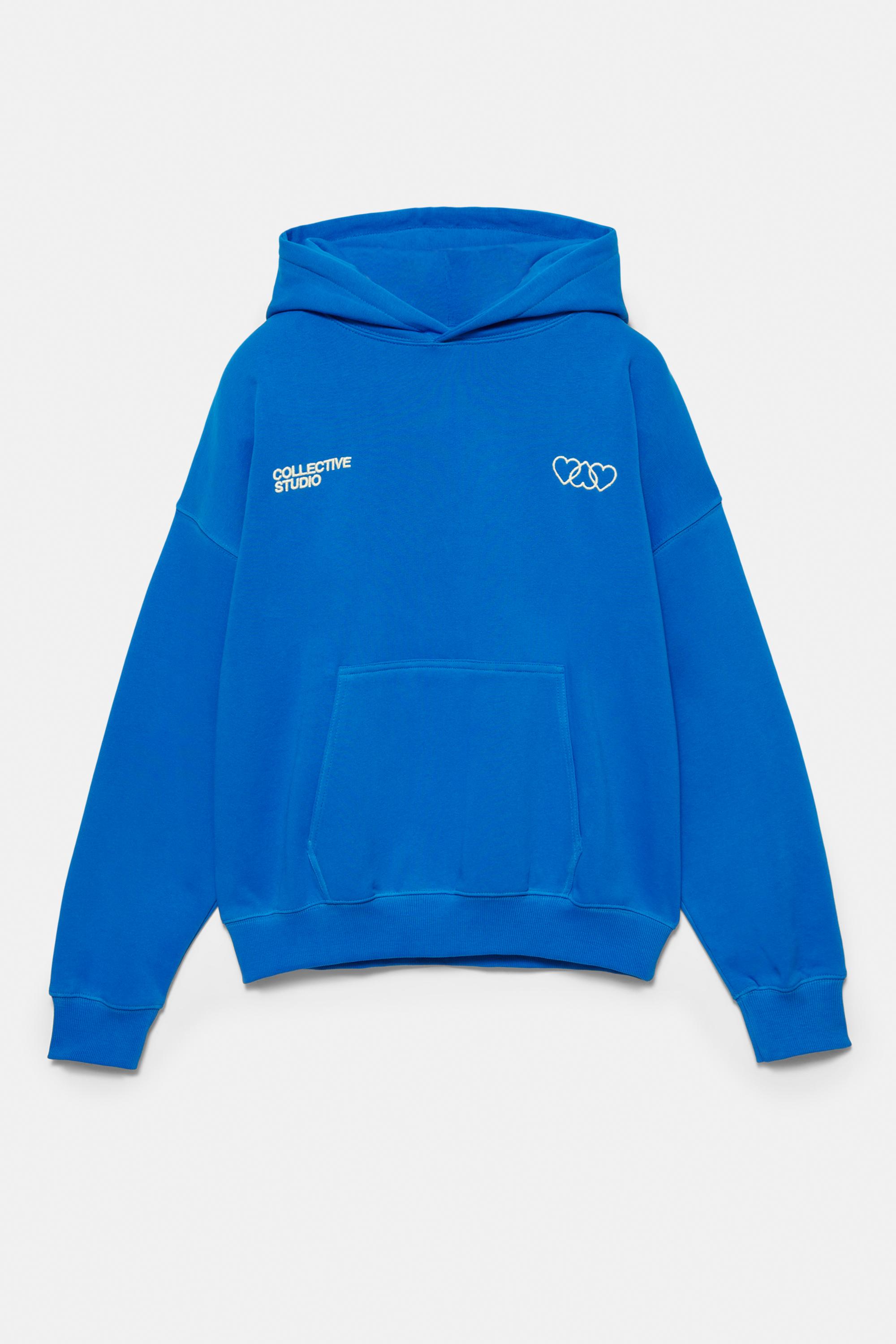 Mavi kalp desenli kapüşonlu sweatshirt - Görsel 4