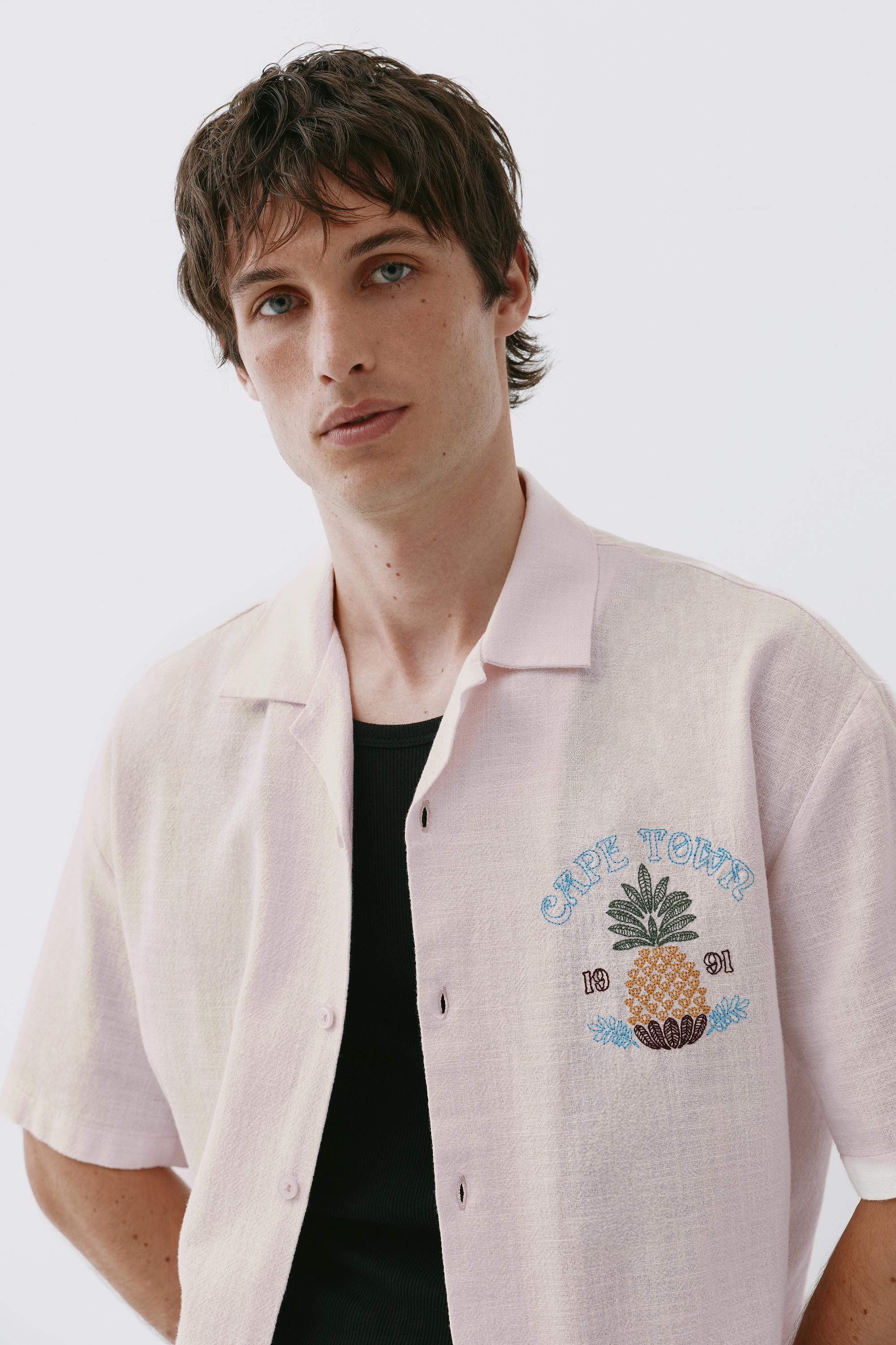 Pineapple embroidery short sleeve shirt — Rose pink