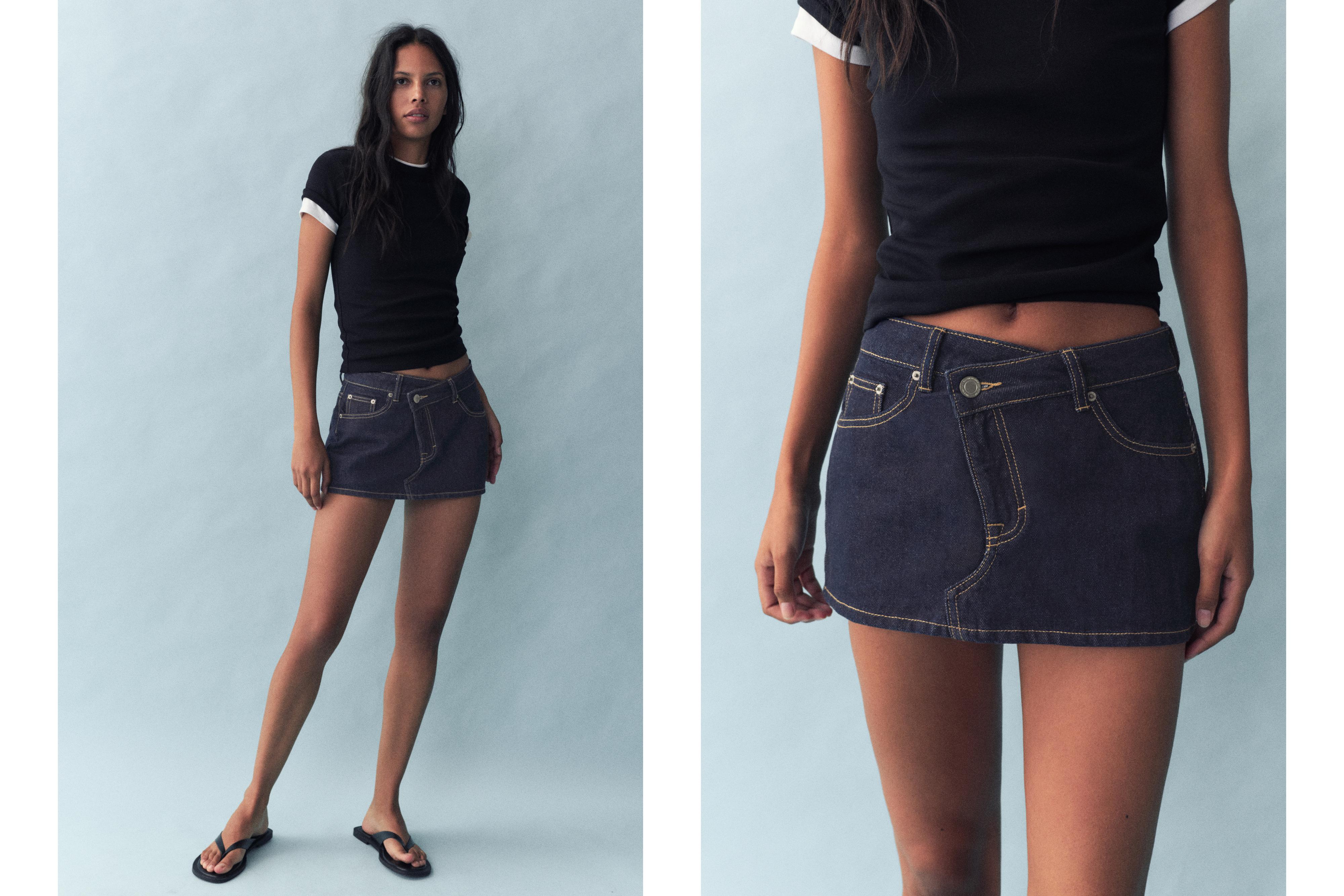 Cross-waist denim skort — Navy
