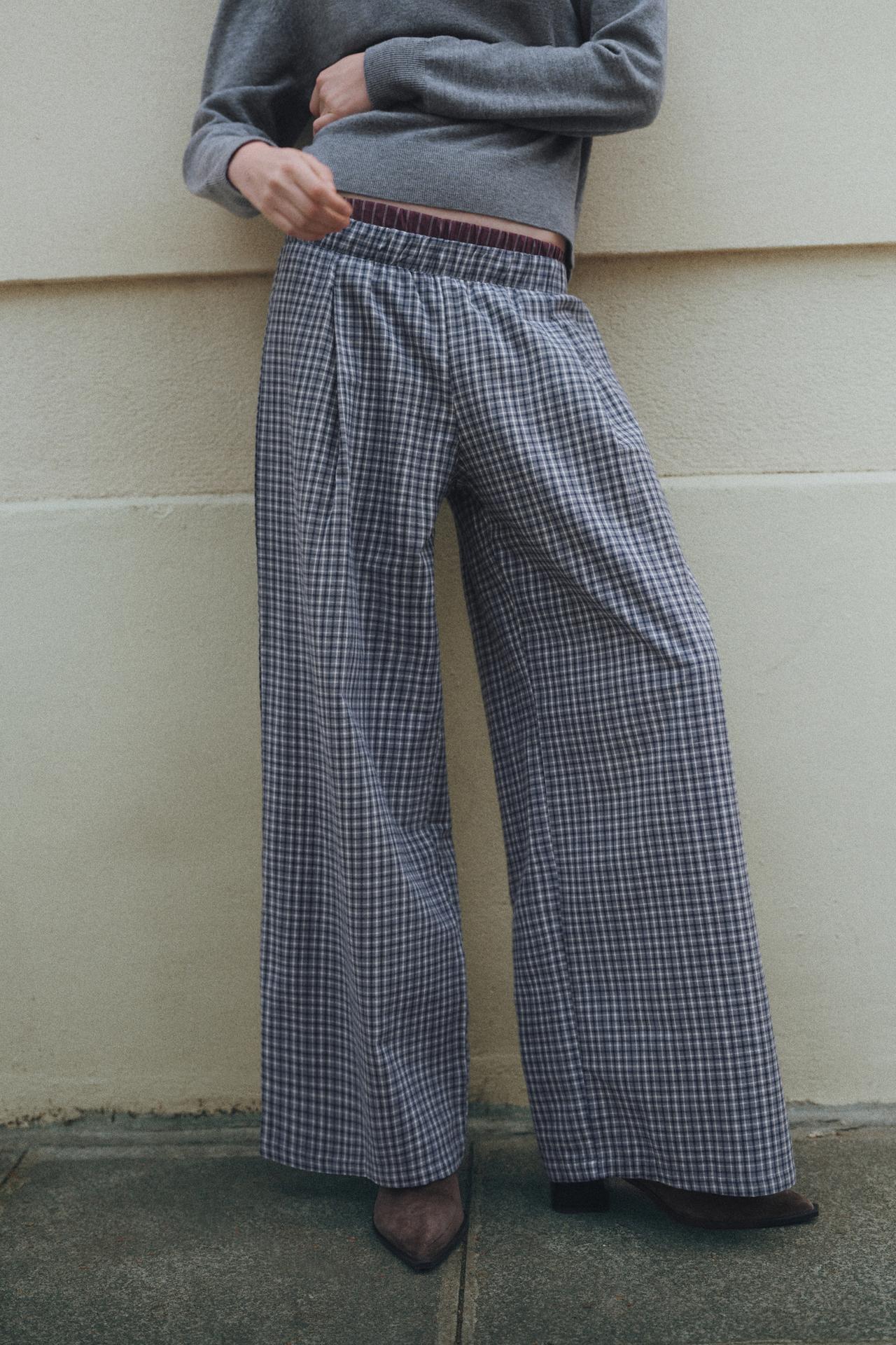 Flowing check trousers with contrast waist — Grey