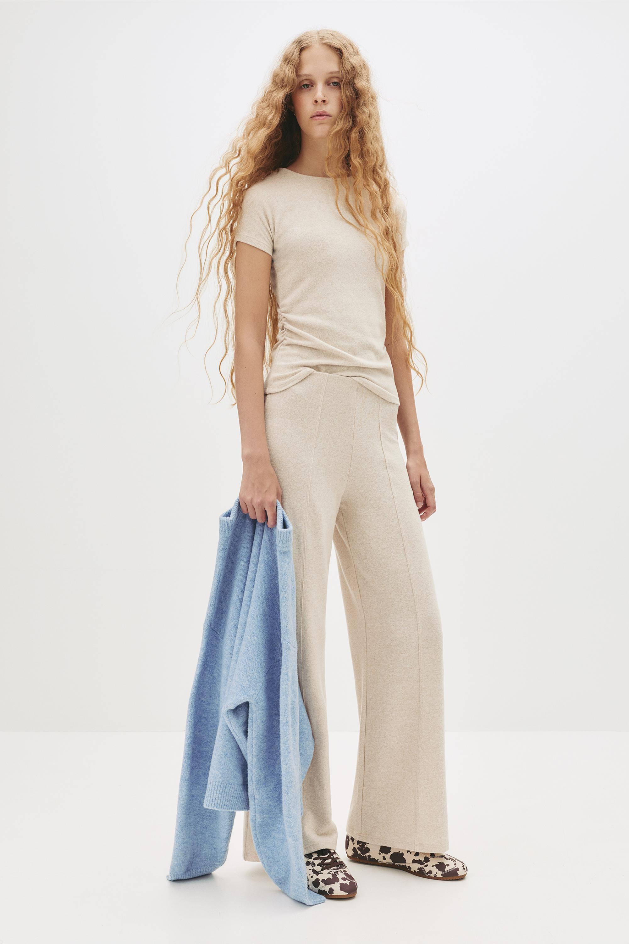Wide-leg soft touch trousers — Ecru