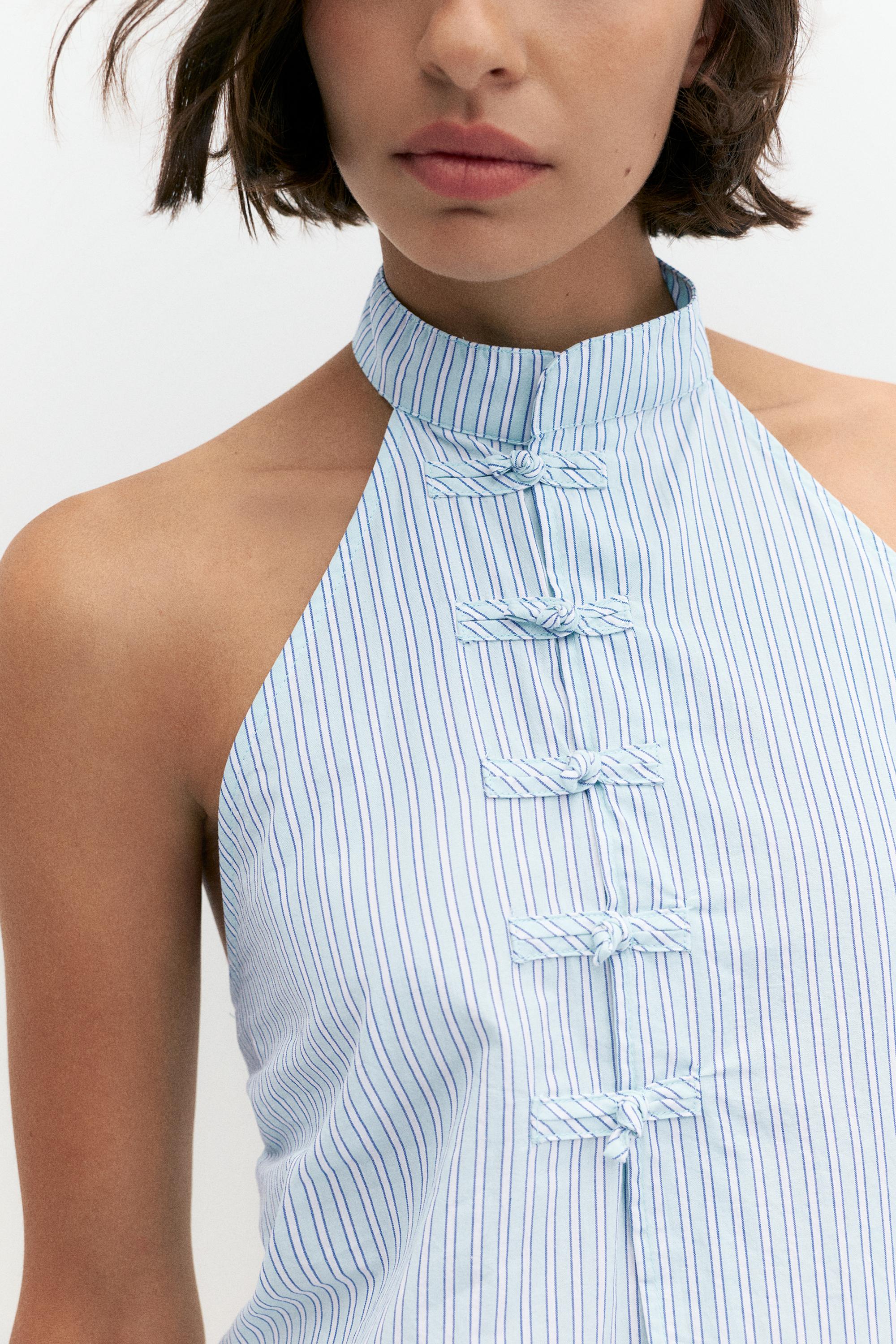 Striped halter toggle top — Water blue