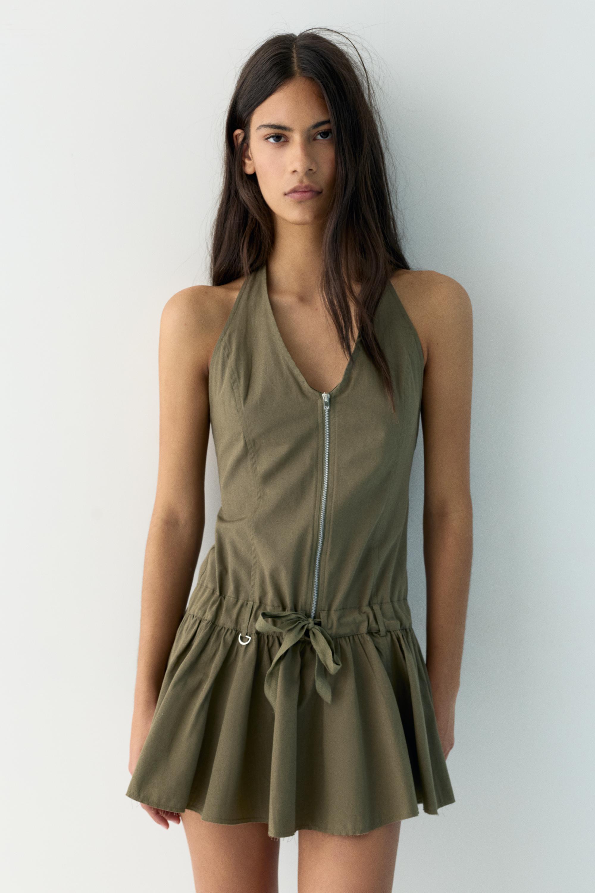Short halter dress with zip — Khaki