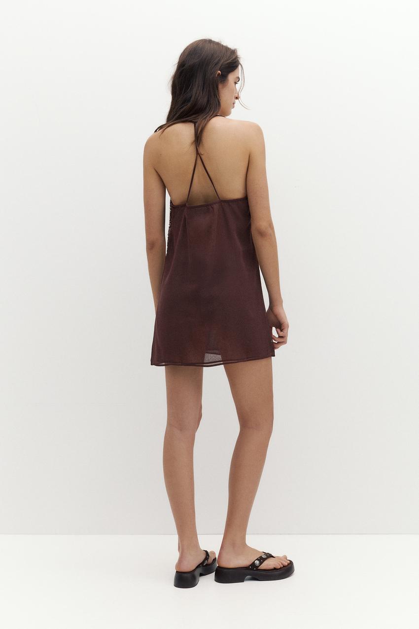 Wine-coloured strappy backless mini dress set.