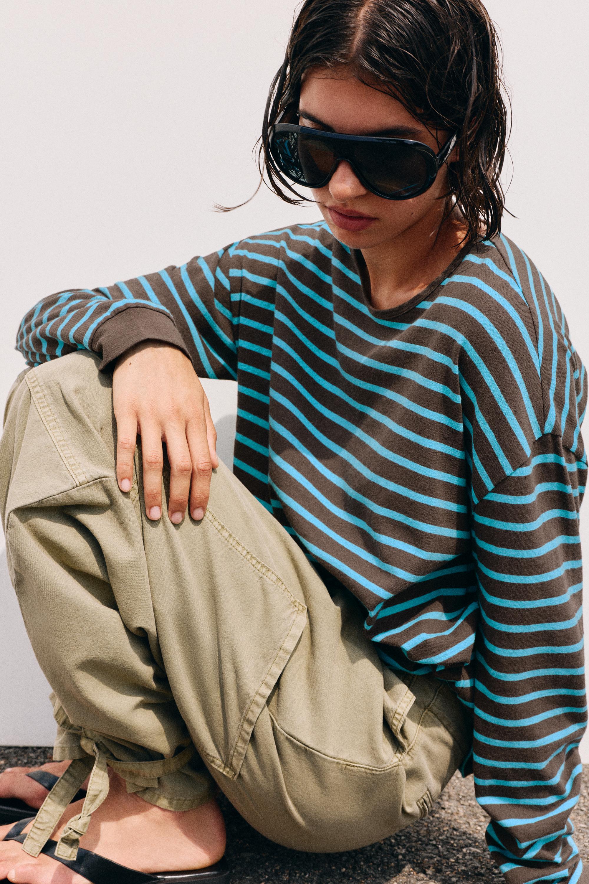 Oversize long sleeve striped T-shirt — Brown