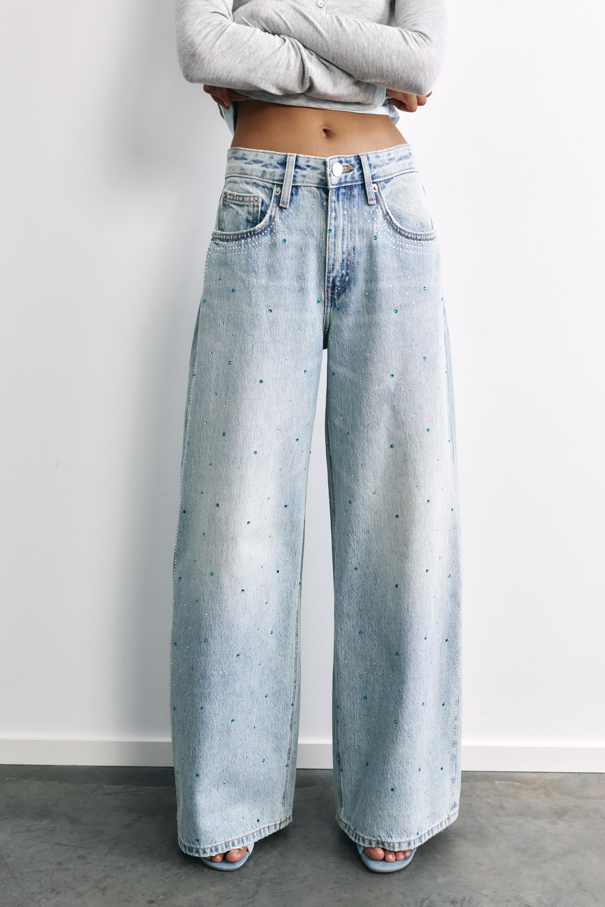 Rhinestone wide-leg jeans — Pale blue
