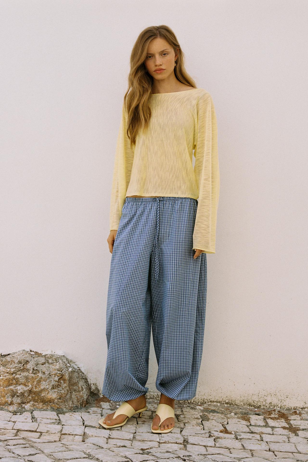 Check sarouel trousers — Medium blue