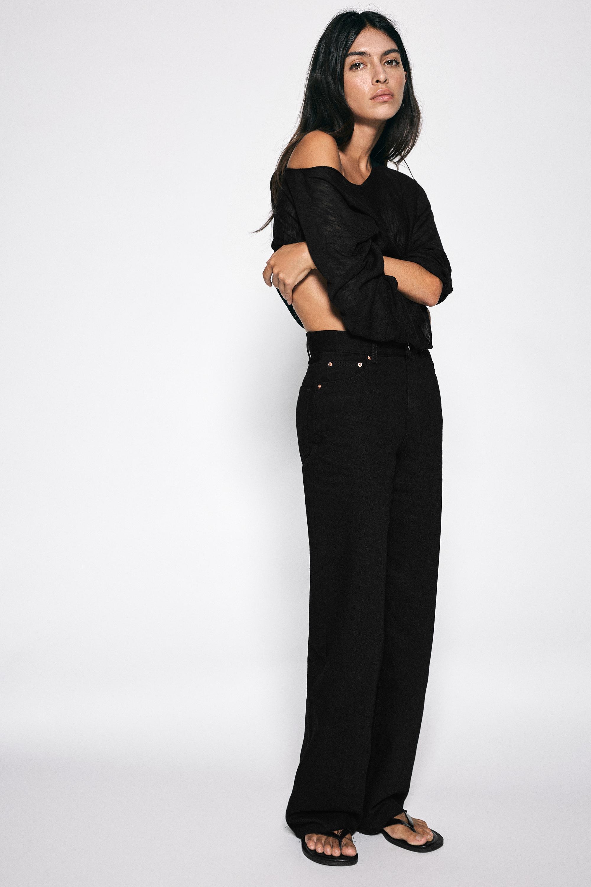 High-waist wide straight-leg jeans — Black marl