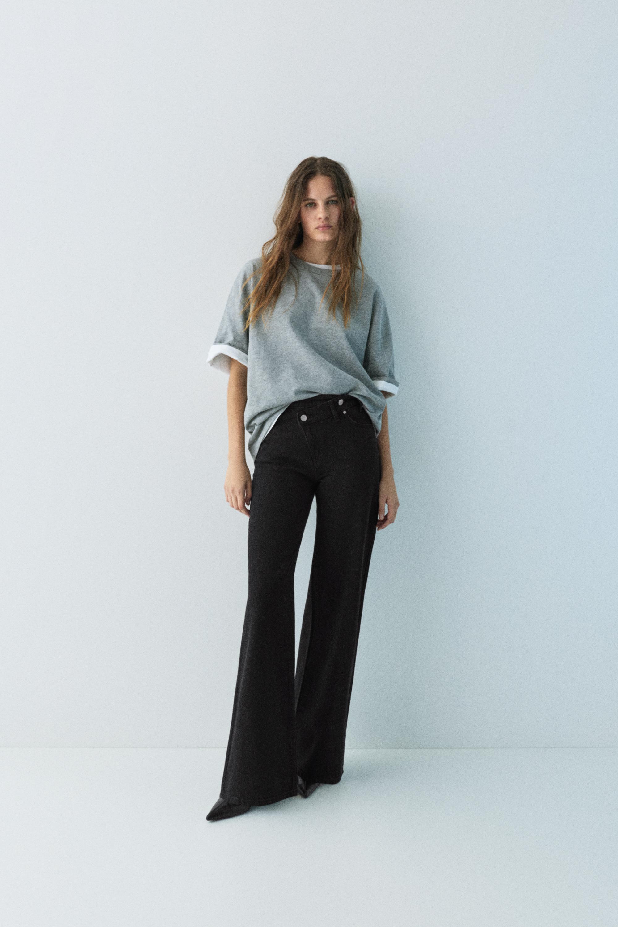 Wide leg jeans with crossover waistband — Black