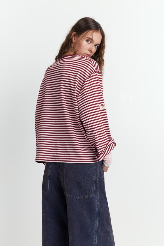 T-shirt Pull & Bear Rouge à Rayures Blanches - Taille S - Coton - Occasion Très Bon état