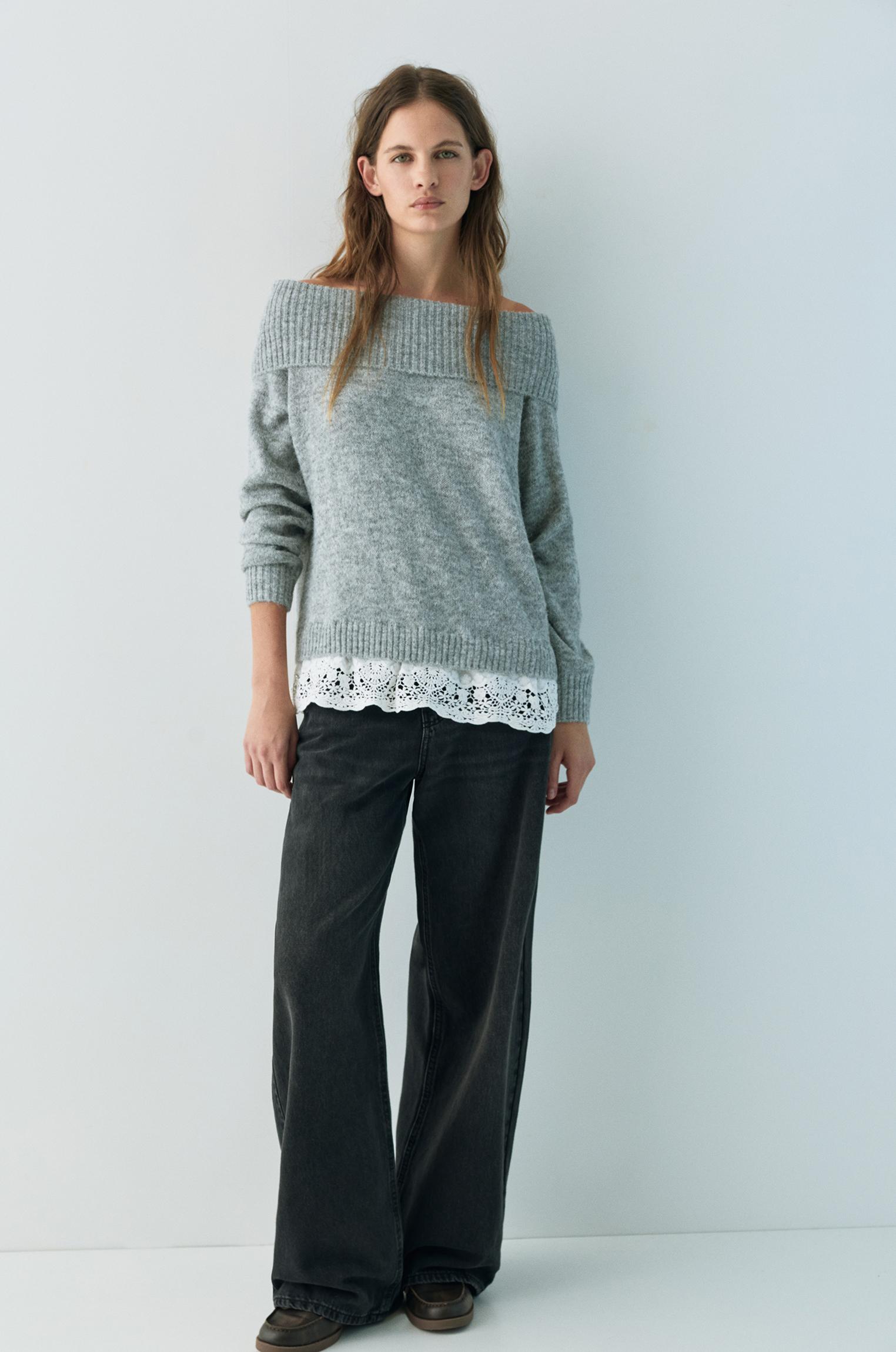 Bardot jumper with combined lace — Grey marl