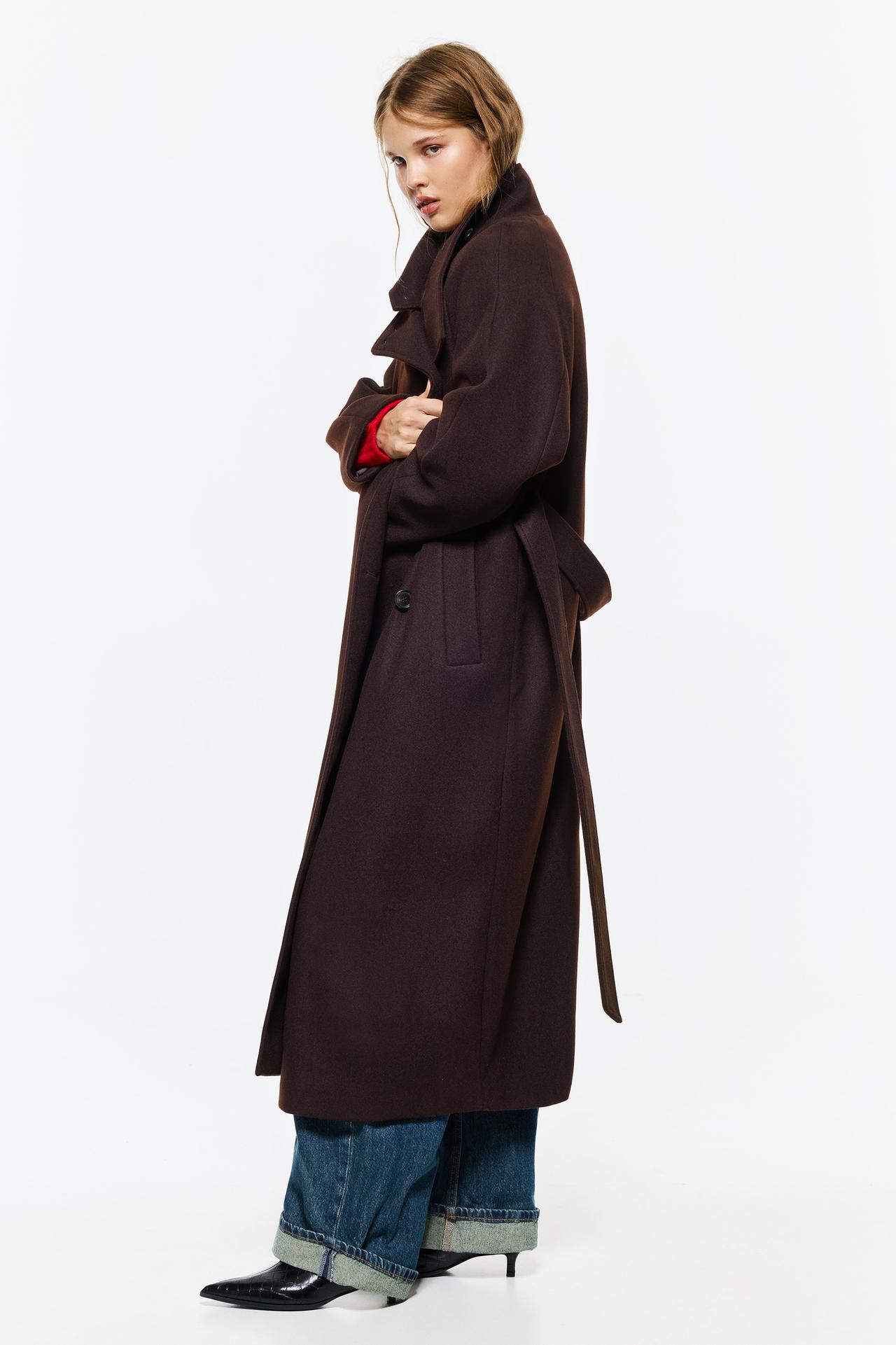 High neck belted coat — Dark brown
